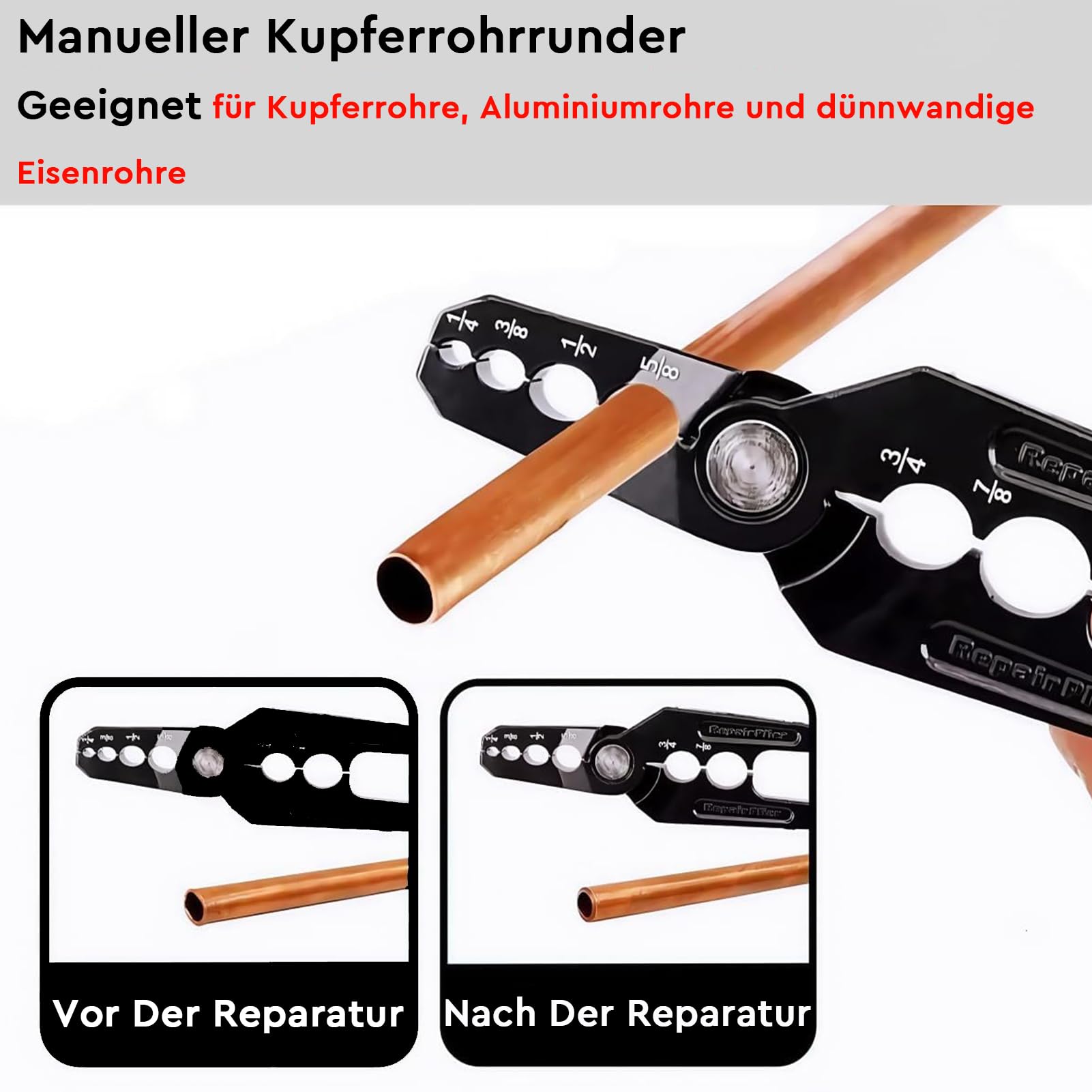 Pinza di riparazione per tubi di rame, strumento di riparazione manuale del tubo di rame con 6 fori per tubi in alluminio da 1/4", 3/8", 1/2", 5/8", 3/4" e 7/8"