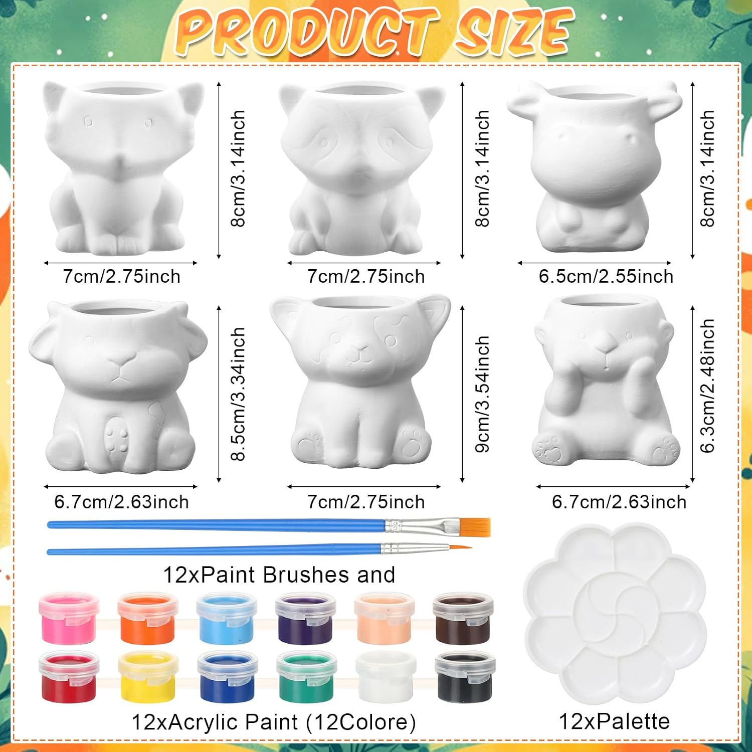 Ninehaoou 6 Sets Ceramic Succulent Pots with Drainage Color Paints Paintbrushes Palettes Paintable Succulent Flower Pots DIY Figurines Paint Craft Kit for Classroom(Classic Animal)