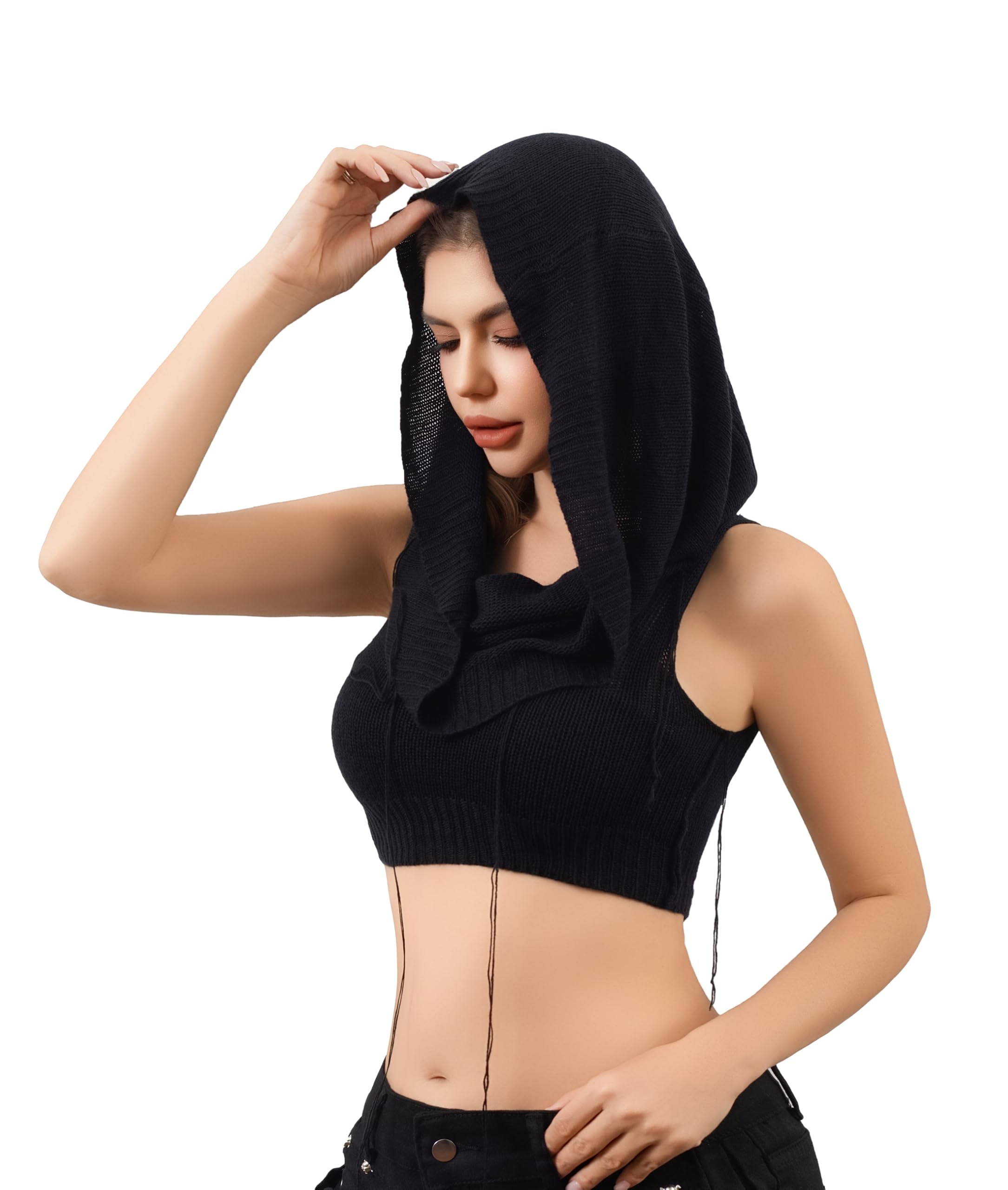 Mingnos Rave Tops for Women Sexy Sleeveless Knitted Sweater Vests Hoodie Crop Top Streetwear Concert Festival Outfits