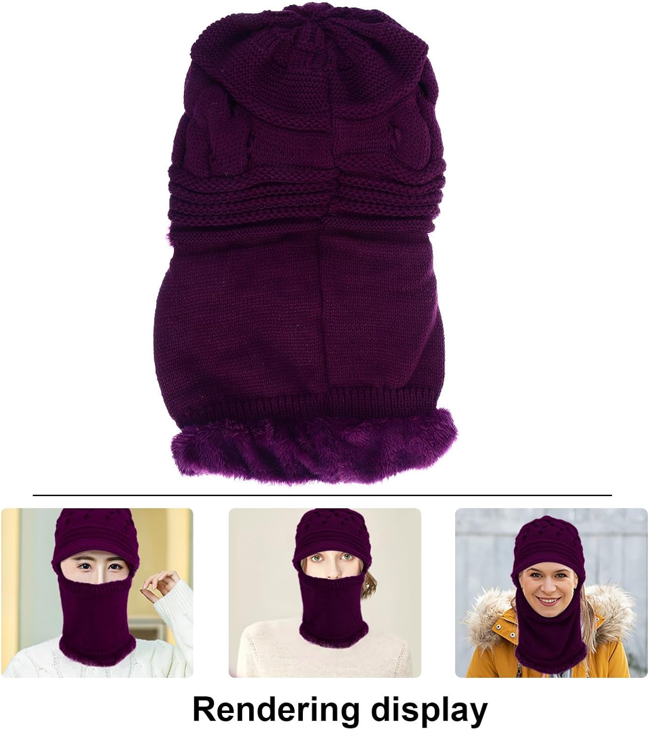 ABOOFAN Purple Plush Winter Cold Hat Hooded Scarf for Adults, Knitted Beanie Designed to Protect from Cold Windy Weather and Keep Warm, for Indoor and Climbing Activities