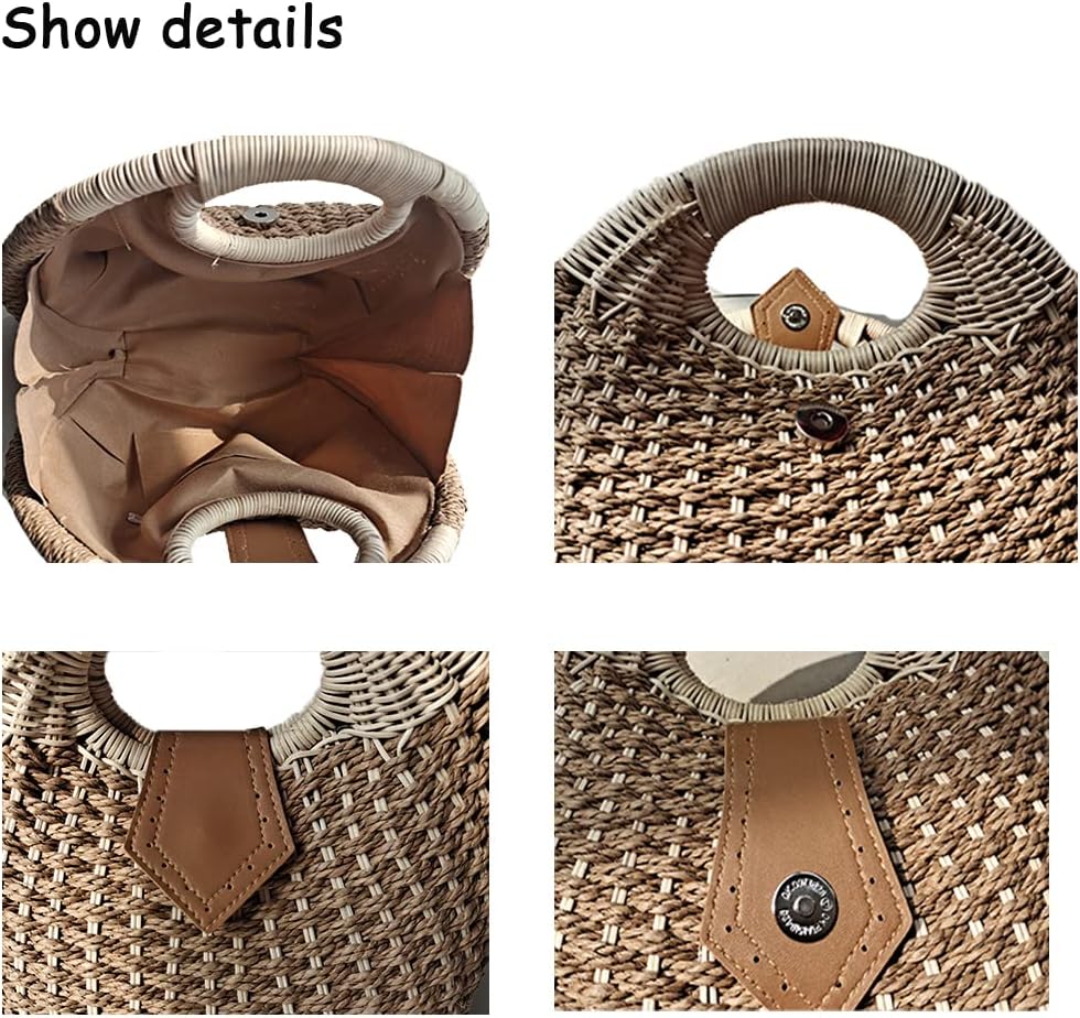 Straw Bags for Women,Hand-woven Straw Shell Bag Handle Ring Tote Retro Summer Beach Rattan bag.