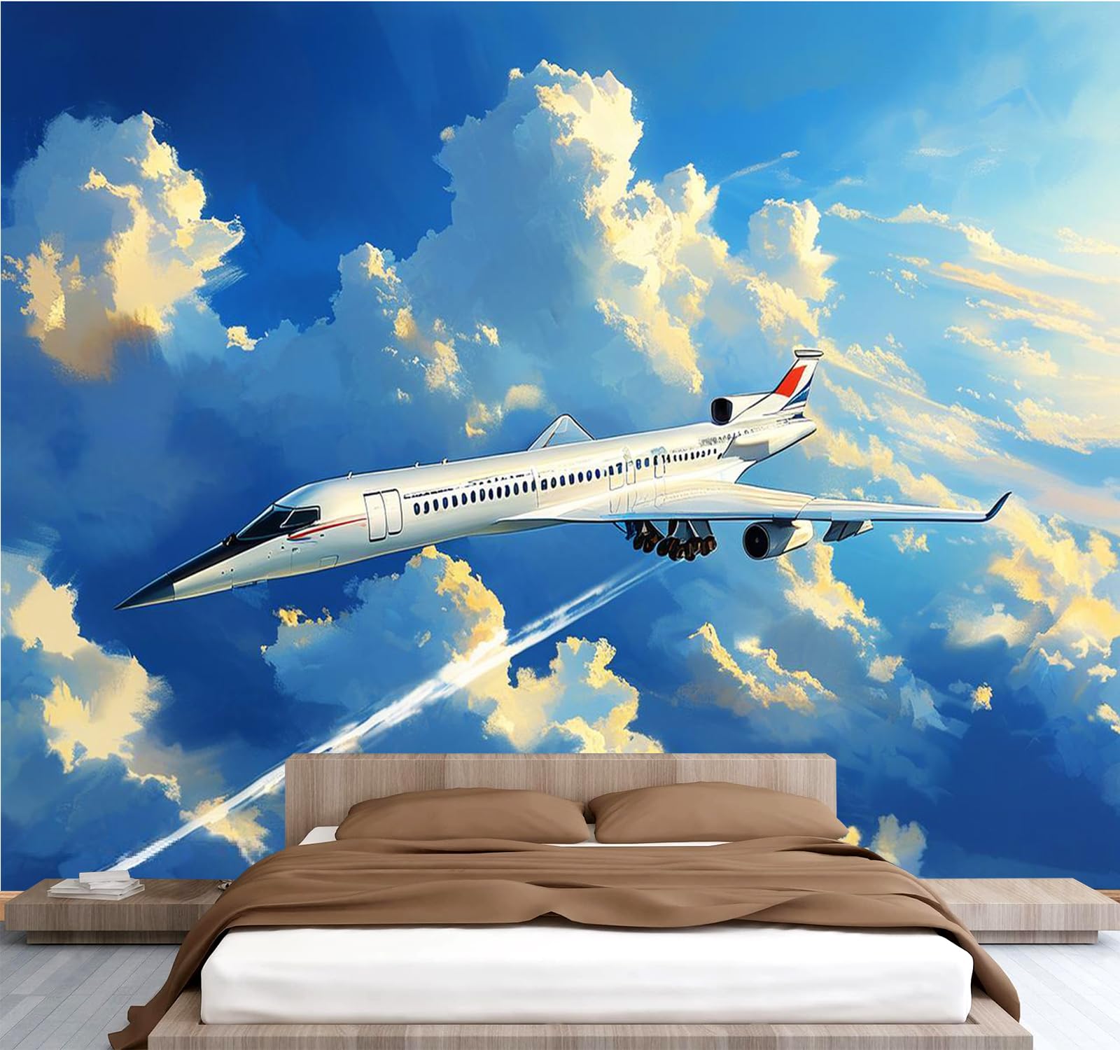 Générique Papier Peint Panoramique 3D 300x210 cm Avion Non-tissé Murale Maison Décoration Intérieure Ciel Nuages pour Chambre Salon Mur TV Artistique Poster Décoration Murale 2N1640