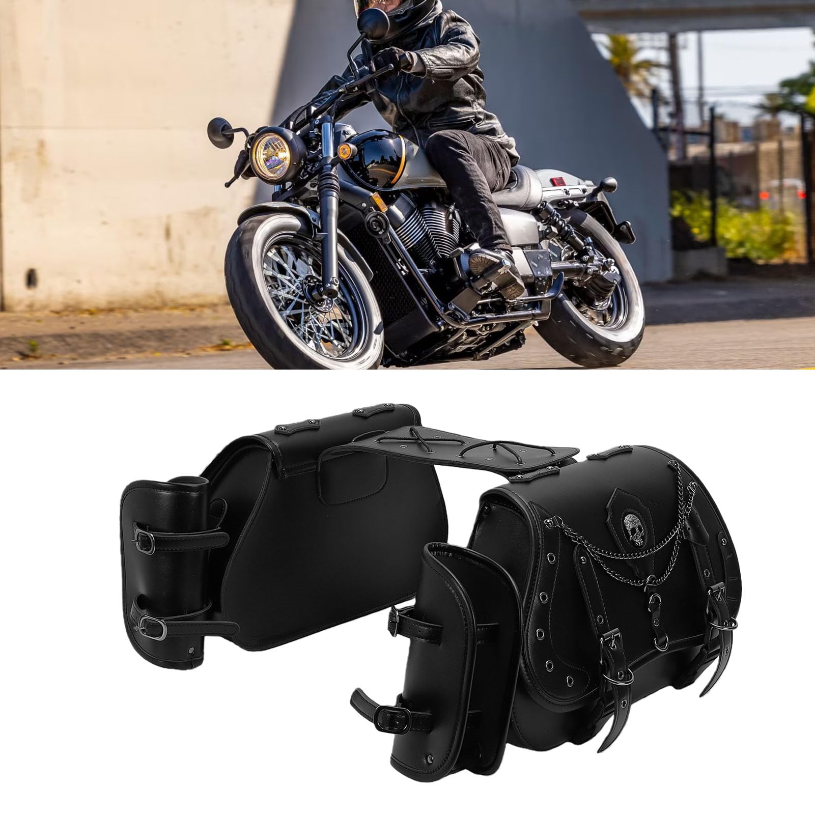 Cocoarm Sakwy Motocyklowe, Torba Boczna ze Skóry PU z Uchwytem na Kubek, Wodoodporne Mocowanie do Siedzenia o Pojemności 30 Litrów z szybkozłączką, 2 Przegródki dla Rowerzystów na Shadow