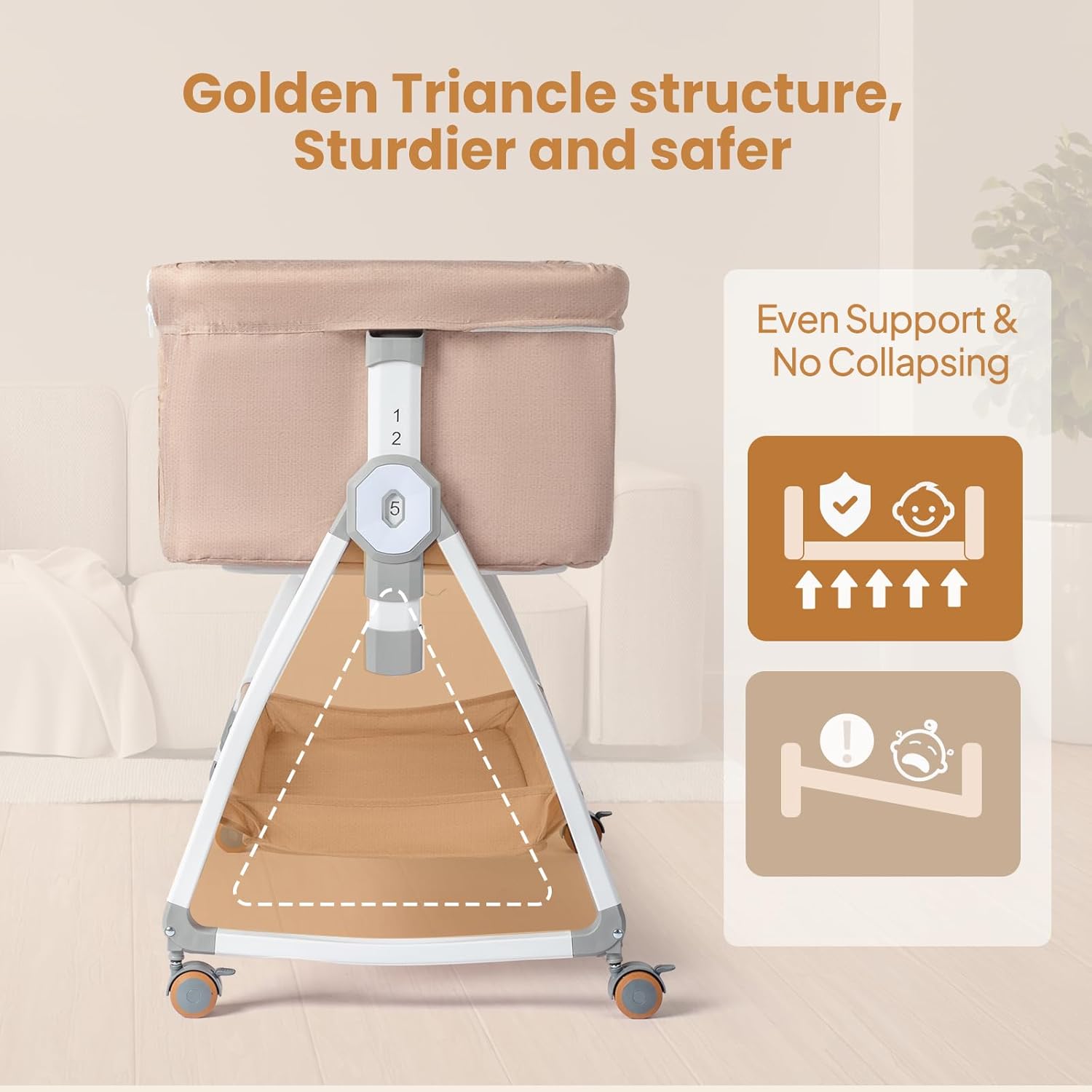JOYMOR 3 in 1 Baby Bassinet, Bedside Bassinet for Baby, with Comfy Mattress and Wheels, 6 Height Adjustable Easy Folding Portable Bedside Crib for Newborn (Beige)