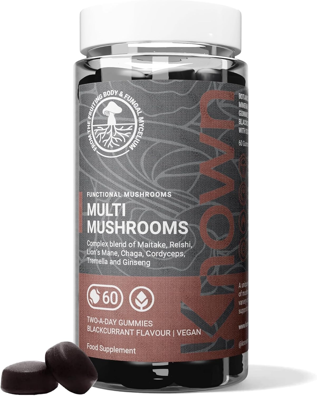 KnownTasty Multi Mushrooms Gummies - Lion’s Mane, Cordyceps - Immunity & Energy - Natural Blackcurrant Flavour - 60 Vegan Gummies, 1 Month Supply