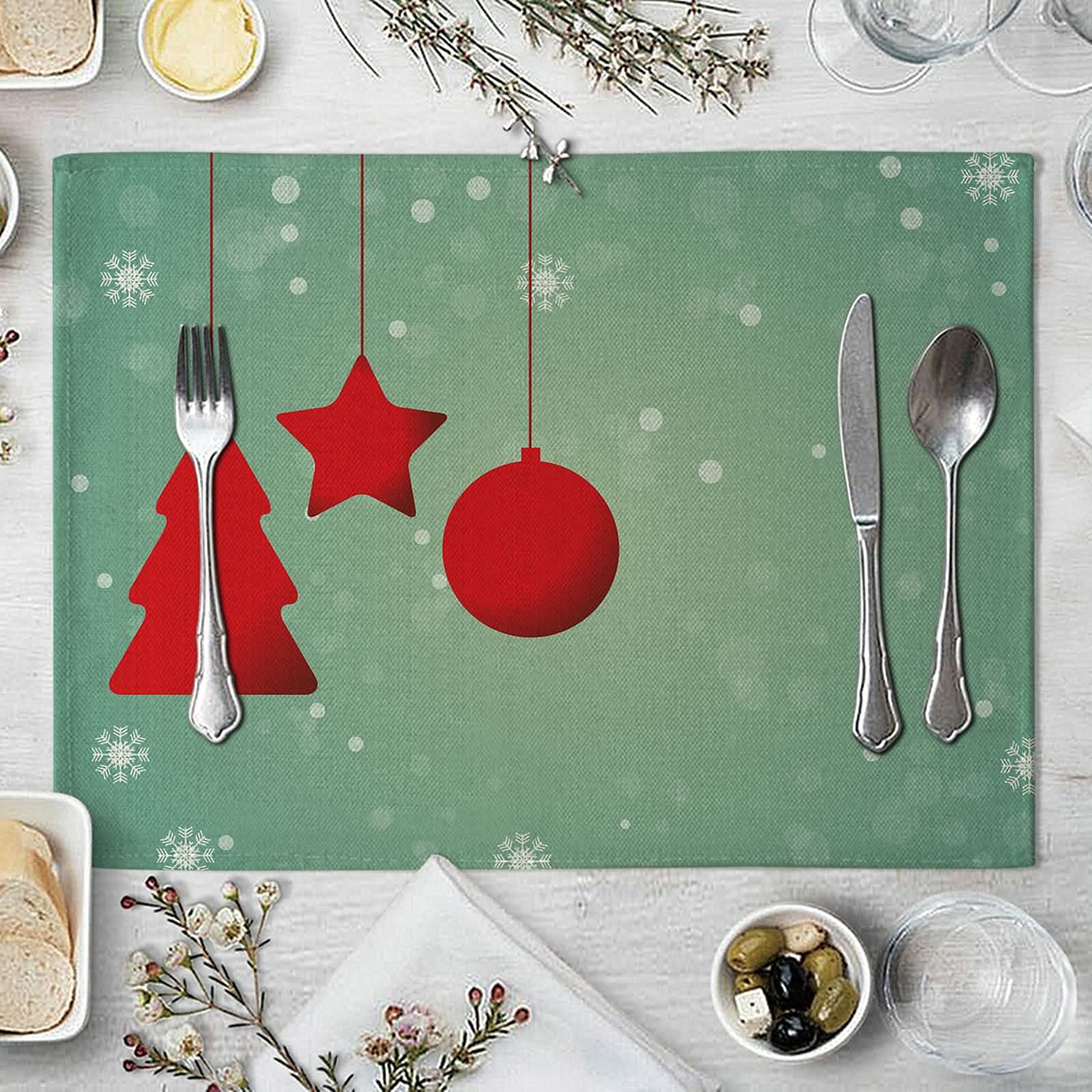 KnSam Tischsets Stoff Weihnachten 6Pcs Set, Weihnachtsbaum Stern Glocke Schneeflocke Tischset Baumwolle Leinen, Abwaschbare Tischmatte Hell Grün Rot für Hause Küche Restaurant und Hotel, 32x42cm Küche, Haushalt & Wohnen