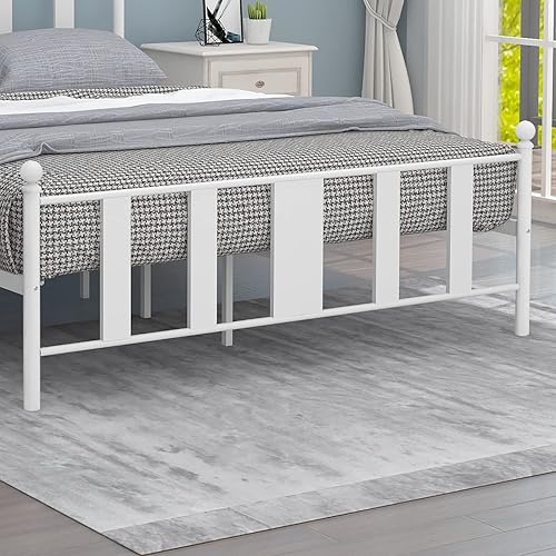 Miniatura 14 de Base de cama de metal tamaño Queen con cabecero y estribo de estilo vintage victoriano, base de cama no necesita somier, cama de plataforma con 10