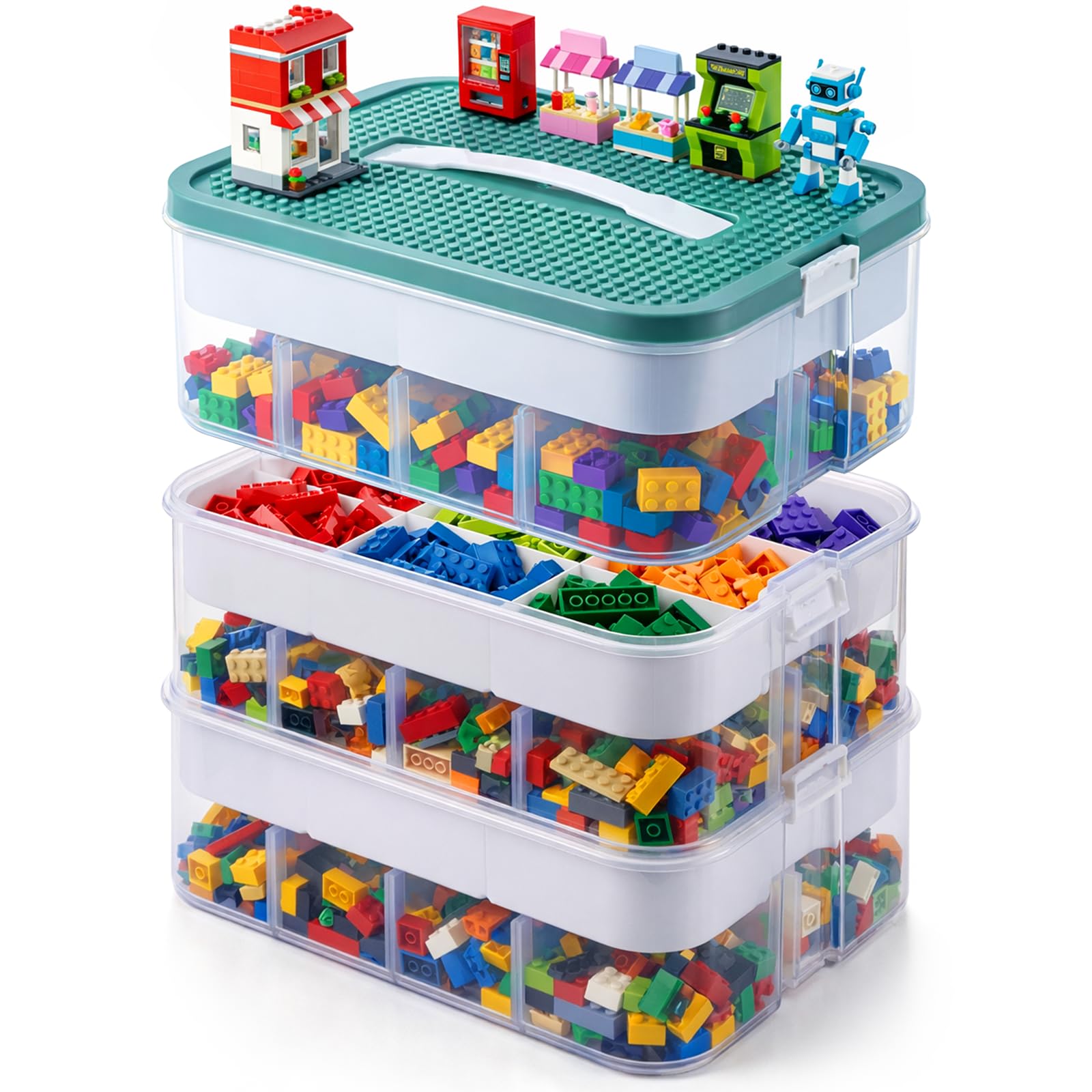 Breezenest 3-Tier Green 3-Tier Lego Organiser With Lids Stackable Lego Storage Box With Adjustable Compartments White Minimalist Design For Building Bricks, 33X33x34cm (Transparent)
