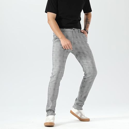 Miniatura 9 de Plaid&Plain Pantalones a cuadros para hombre, pantalones de vestir ajustados para hombre, pantalones chinos ajustados para hombre