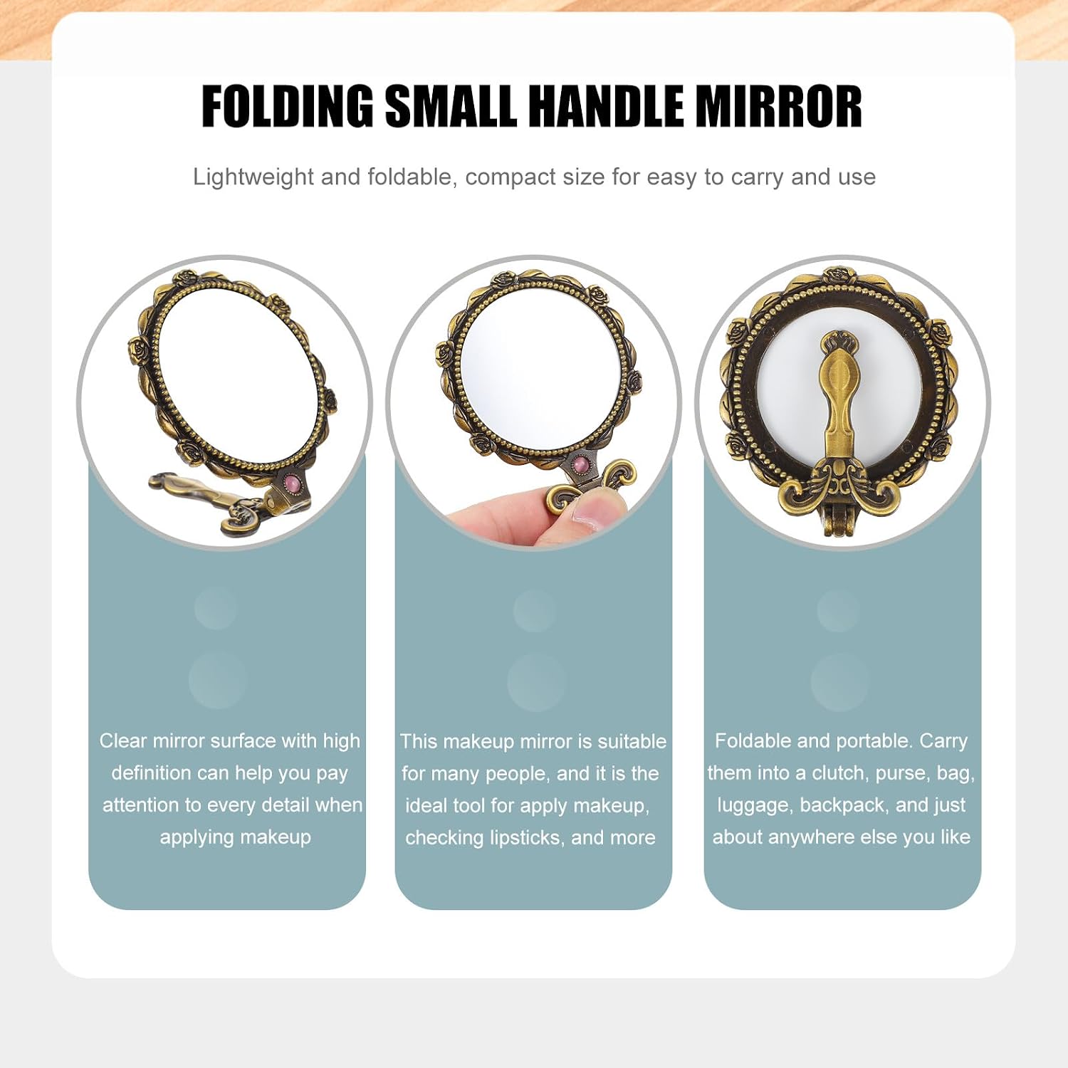 Foldable Retro Handheld Pocket Mirror with Handle, Coffee Metal Glass Xmas image 4