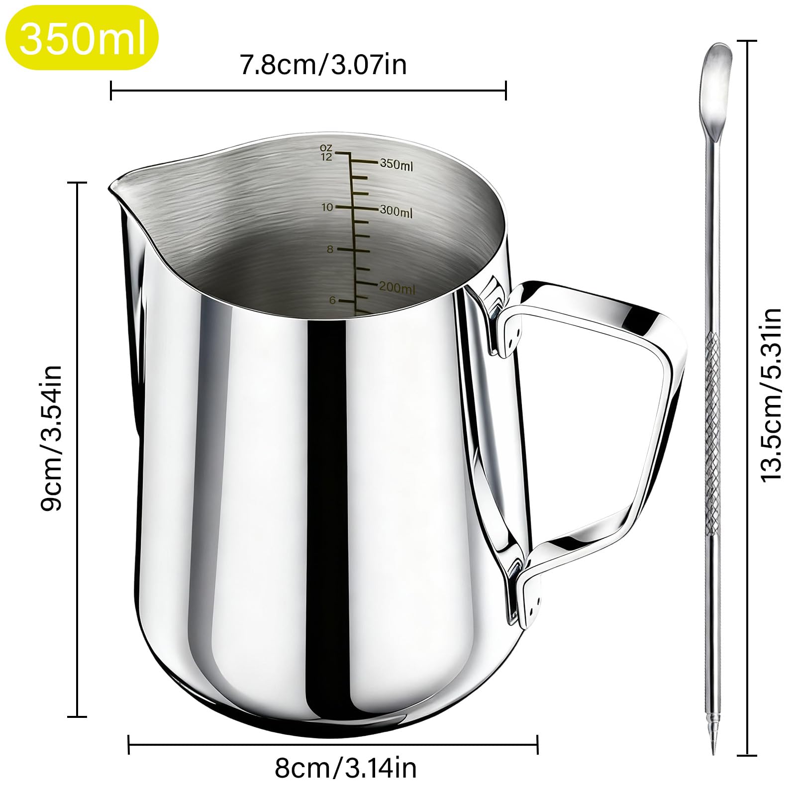 Brocca per latte in acciaio inox da 350 ml/12 oz con matita decorativa e scala, caraffa per latte Barista, ideale per espresso, cappuccino, latte, argento