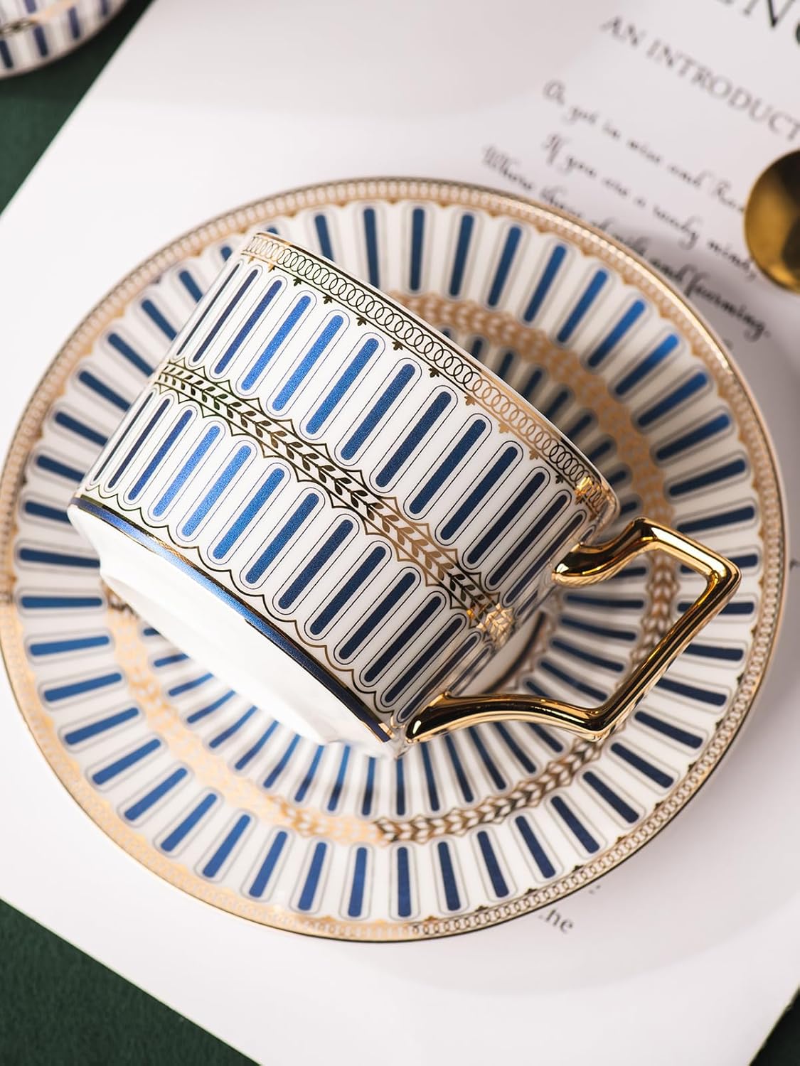 CwlwGO-Bone China Cups & Saucers Set of 2 (7 oz) with Gold Spoon and Gifts Box, White Tea Cups Sets,Cappuccino Cups,Ceramic British Coffee Cup Set.