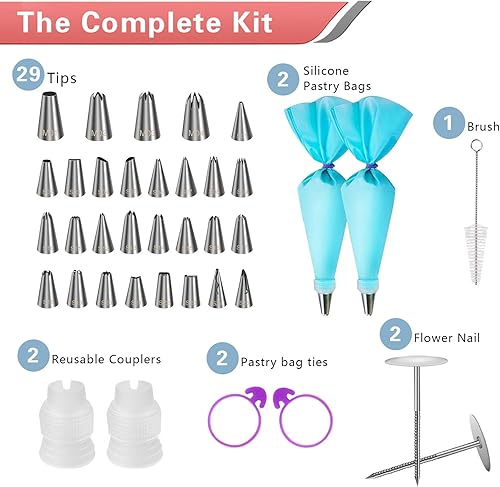 Miniatura 5 de iNeibo Juego de 39 bolsas de tuberías y puntas para decoración de pasteles, 39 piezas de herramientas de acero inoxidable para hornear, juego de