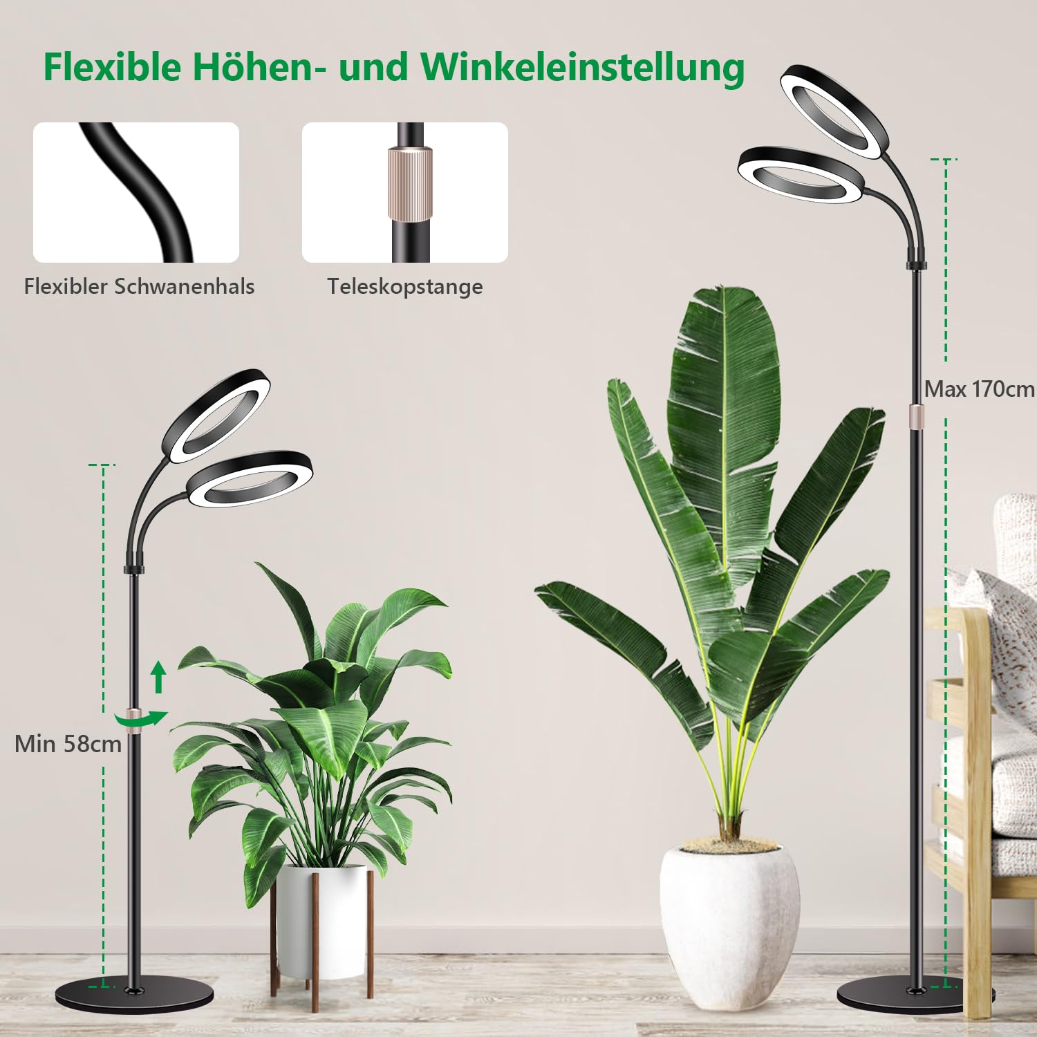 Aumtrly Lámpara para plantas, 2 cabezales, 168 LED, espectro completo con soporte ajustable de 170 cm, luz vegetal de 5000 K con temporizador de 6/12/16H, 5 niveles de brillo, 3 modos de color