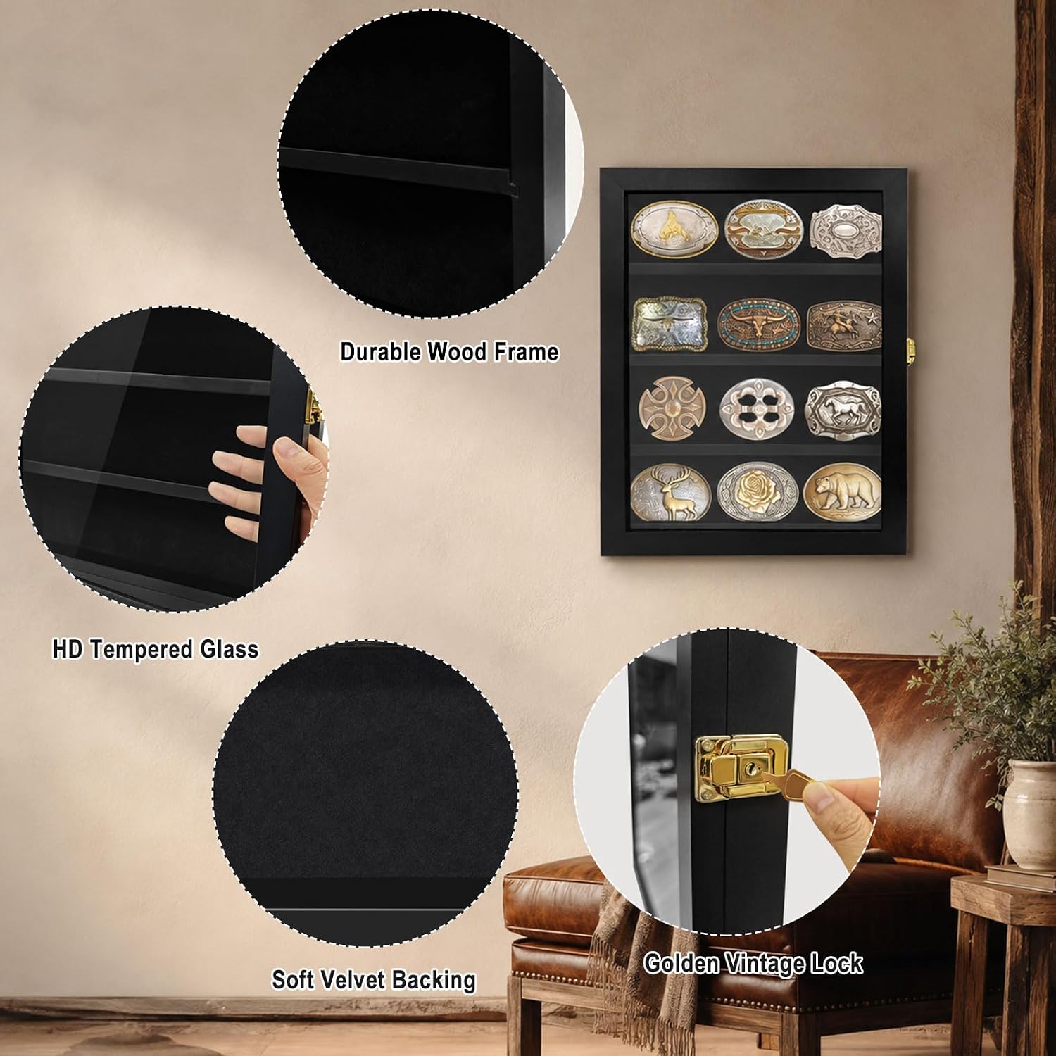 Belt Buckle Display Case, 16x12 Wooden Shadow Box with Tempered Glass Door