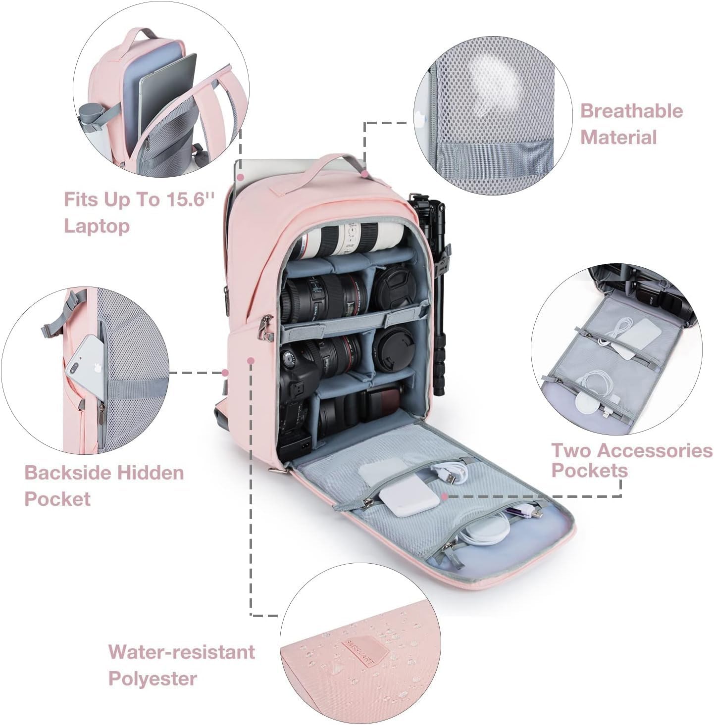BAGSMART Camera Backpack, DSLR SLR Camera Bag Backpack Fits 15.6 Inch Laptop, Waterproof Camera Case for Photographers and Women,with Rain Cover,Tripod Holder,Pink