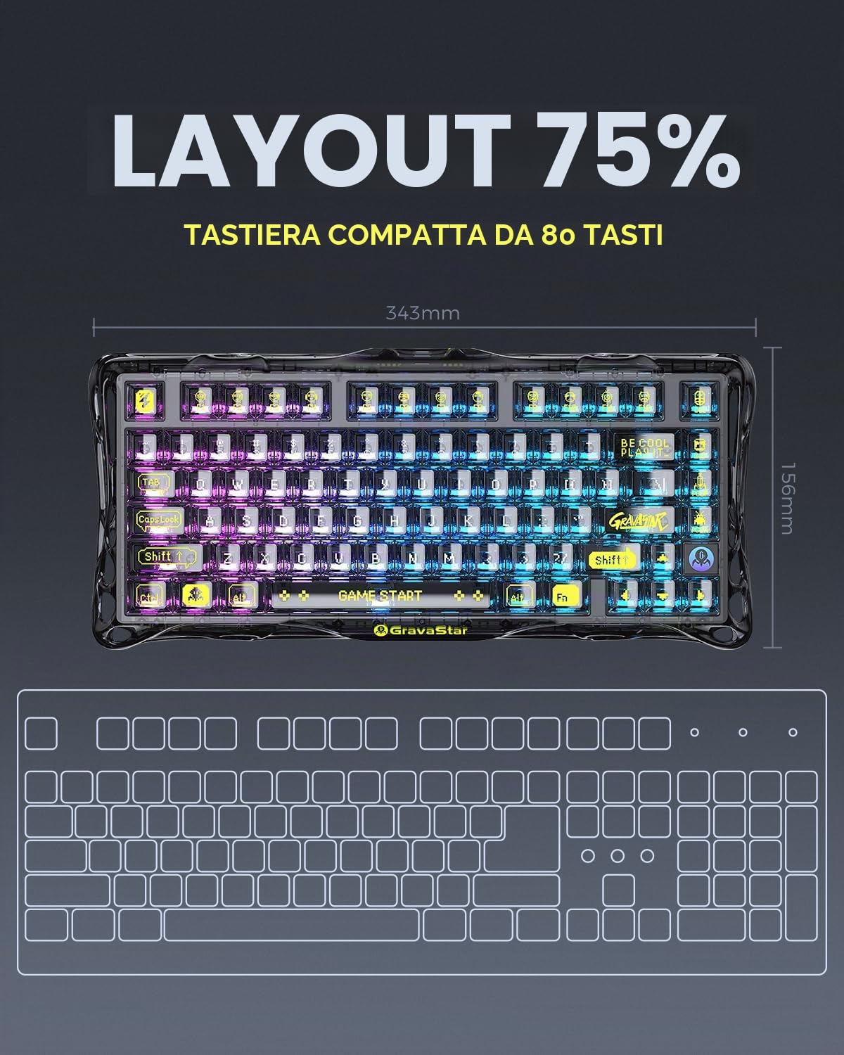 GravaStar Mercury K1 Lite QWERTZ tastiera meccanica (layout tedesco), 75% tastiera da gioco senza fili Tri-mode (2,4 GHz/Bluetooth/cavo), tastiera hot swap gamer, illuminazione RGB – nero trasparente