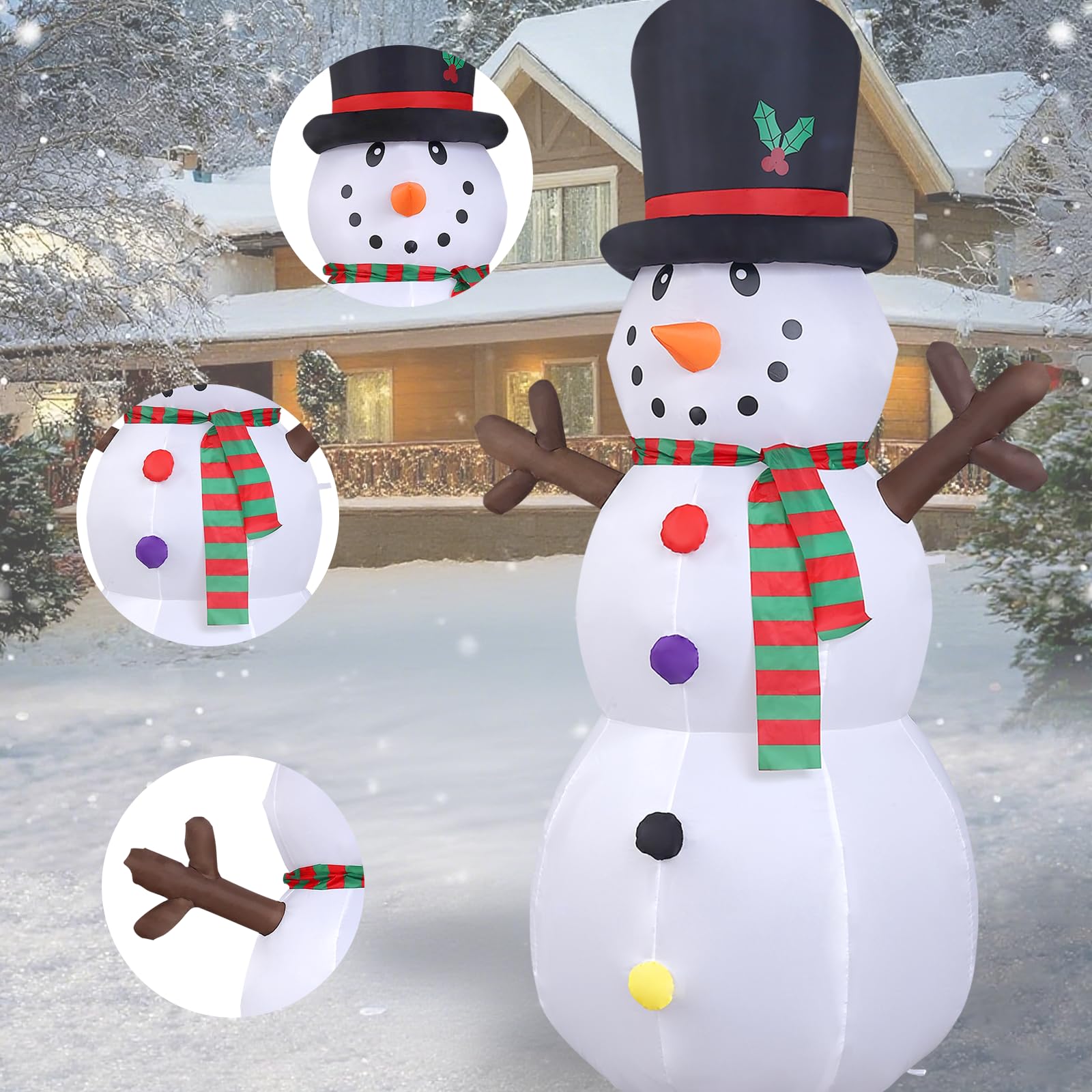 Bonhomme de Neige de Noël Gonflable, 240cm Bonhomme de Neige avec Lumières LED, Décoration de Noël avec des Pieux de Cordes Fixes, Décoration du Modèle pour Jardin Fête Intérieur Extérieur -1250mA/15W