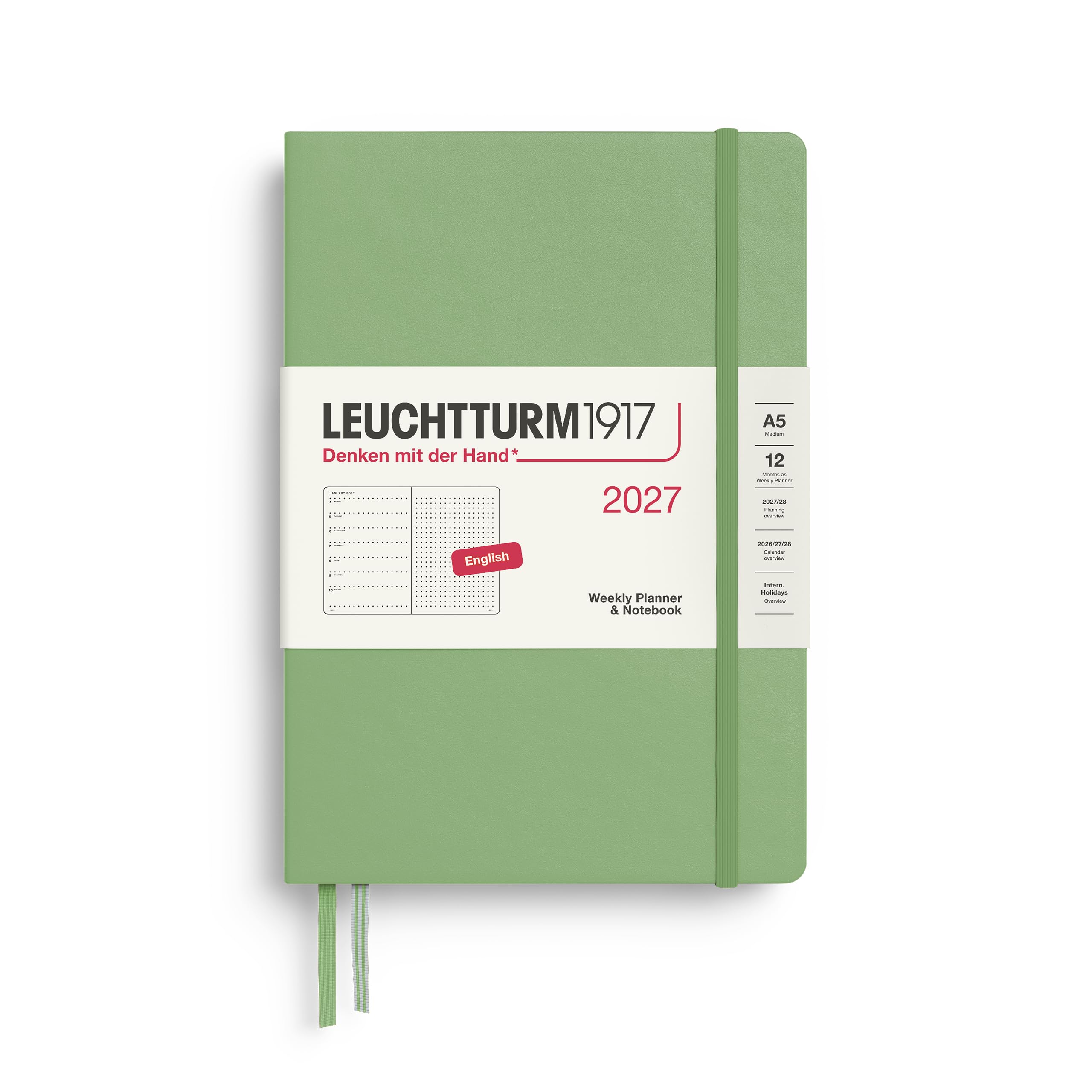 LEUCHTTURM1917 Weekly Planner 2027 Dotted Medium (A5) with Notebook, Dotted - Diary English, Sage, Hard Cover, 145 x 210 mm, January-December 2027, Week to View Left + Note Page Right