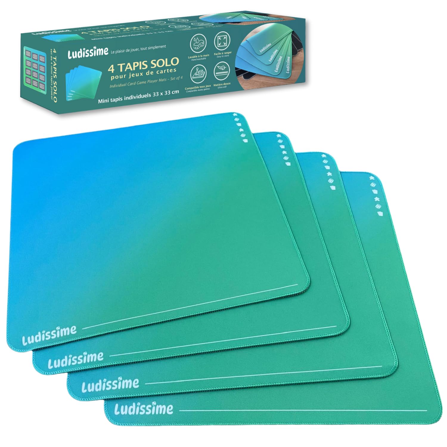 Lot 4 Mini Tapis de Jeux de société 33x33 cm pour Cartes | 4 tapis individuels : 1 par joueur, néoprène antidérapant, format compact pour cartes, famille et voyage