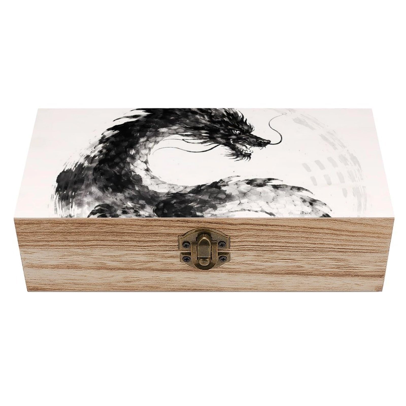 SMAZDFXX Black Watercolor Dragon Wooden Storage Box With Hinged Lid Decorative Front Clasp Keepsake Boxes