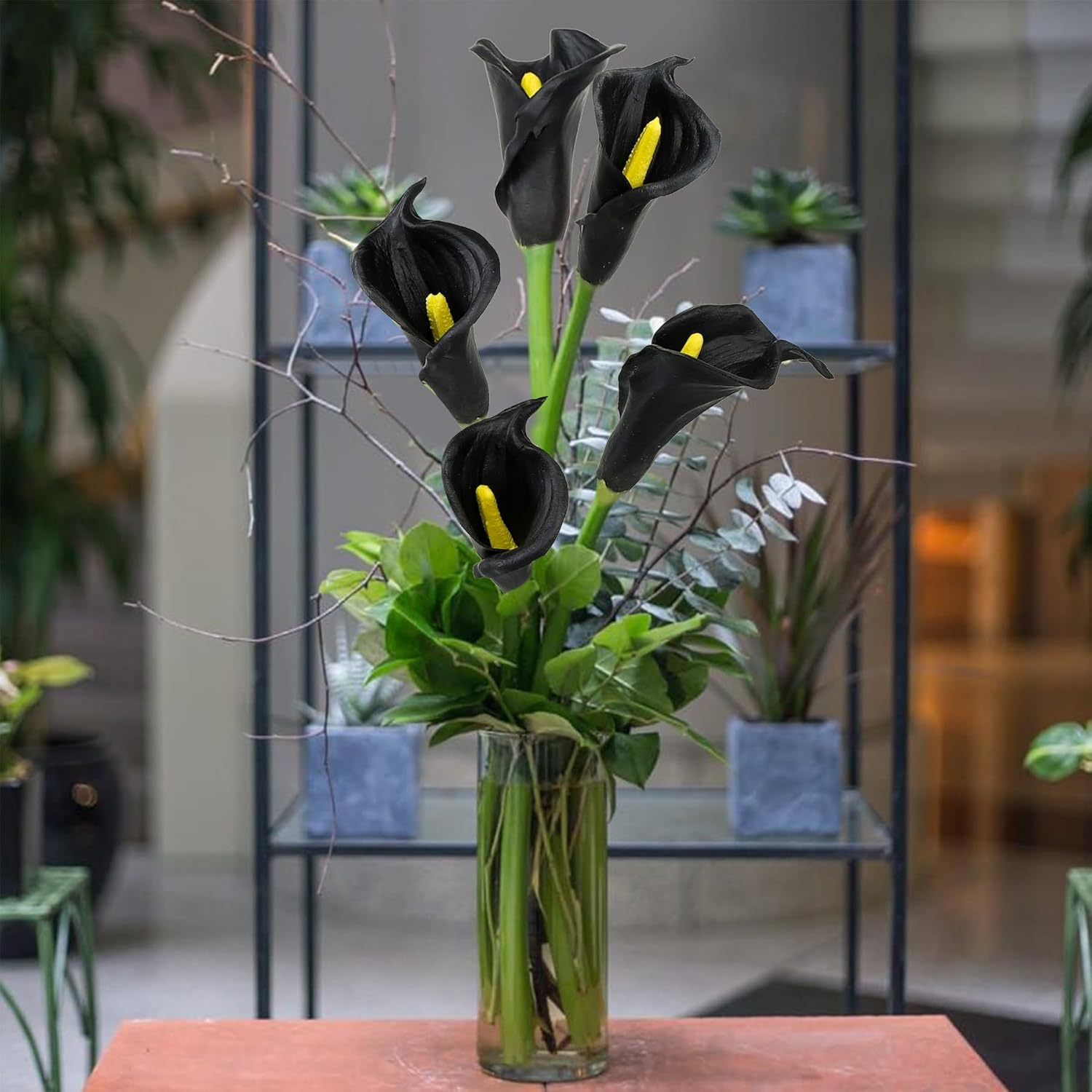 10pcs Calla Lily Artificial Flowers,26" Real Touch Long Stem Faux Calla Lillies for Tall Vases,Indoor Wedding Office Home Decor (Black)