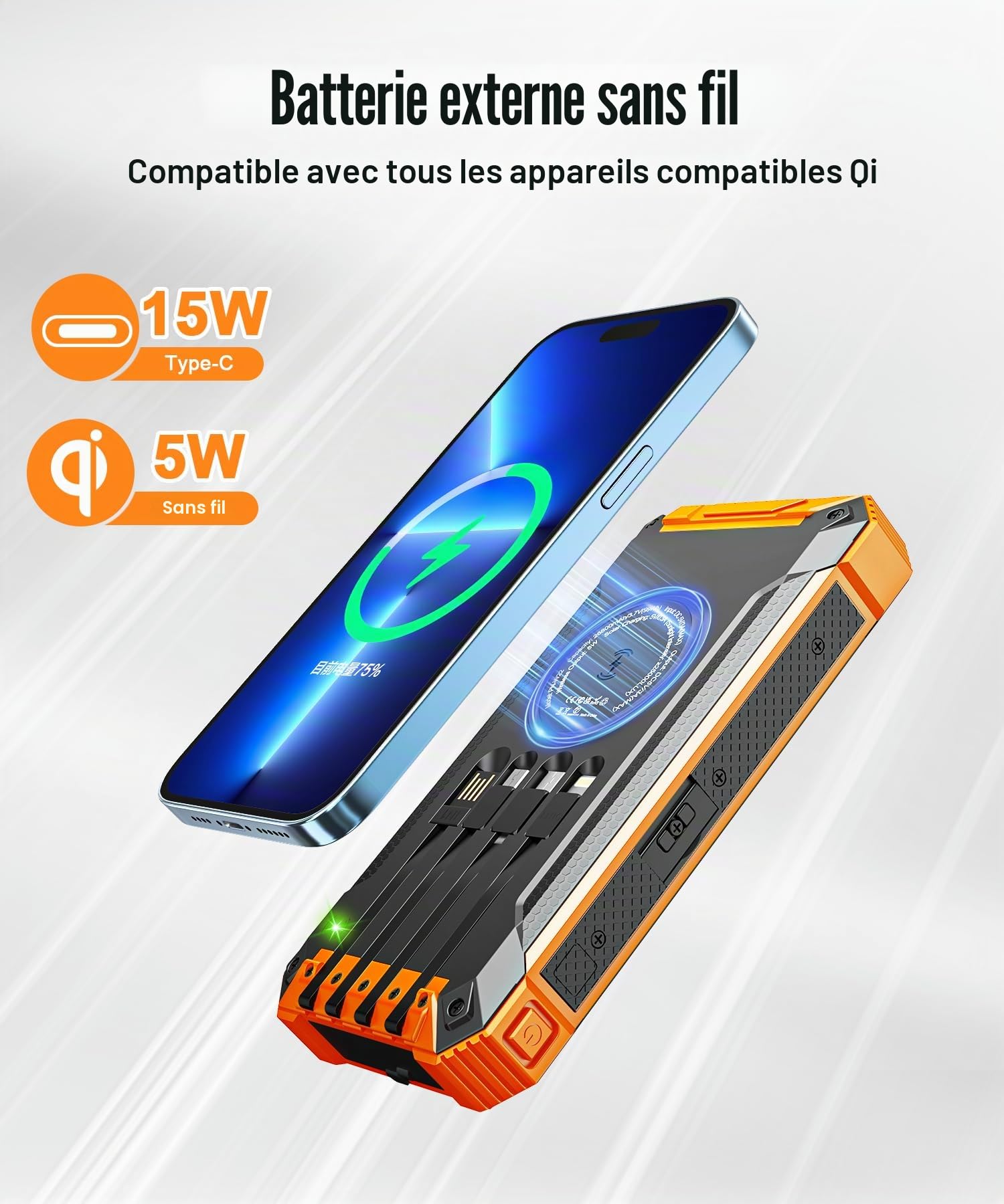 26800mAh Batterie Externe Solaire avec 4 Câbles, USB-C 15W Charge Rapide