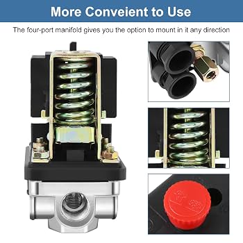 Interruttore Di Pressione Per Compressore D'aria &ndash; Regolabile 95-125 PSI &ndash; 4 Porte 1/4 &ndash; 90&deg;