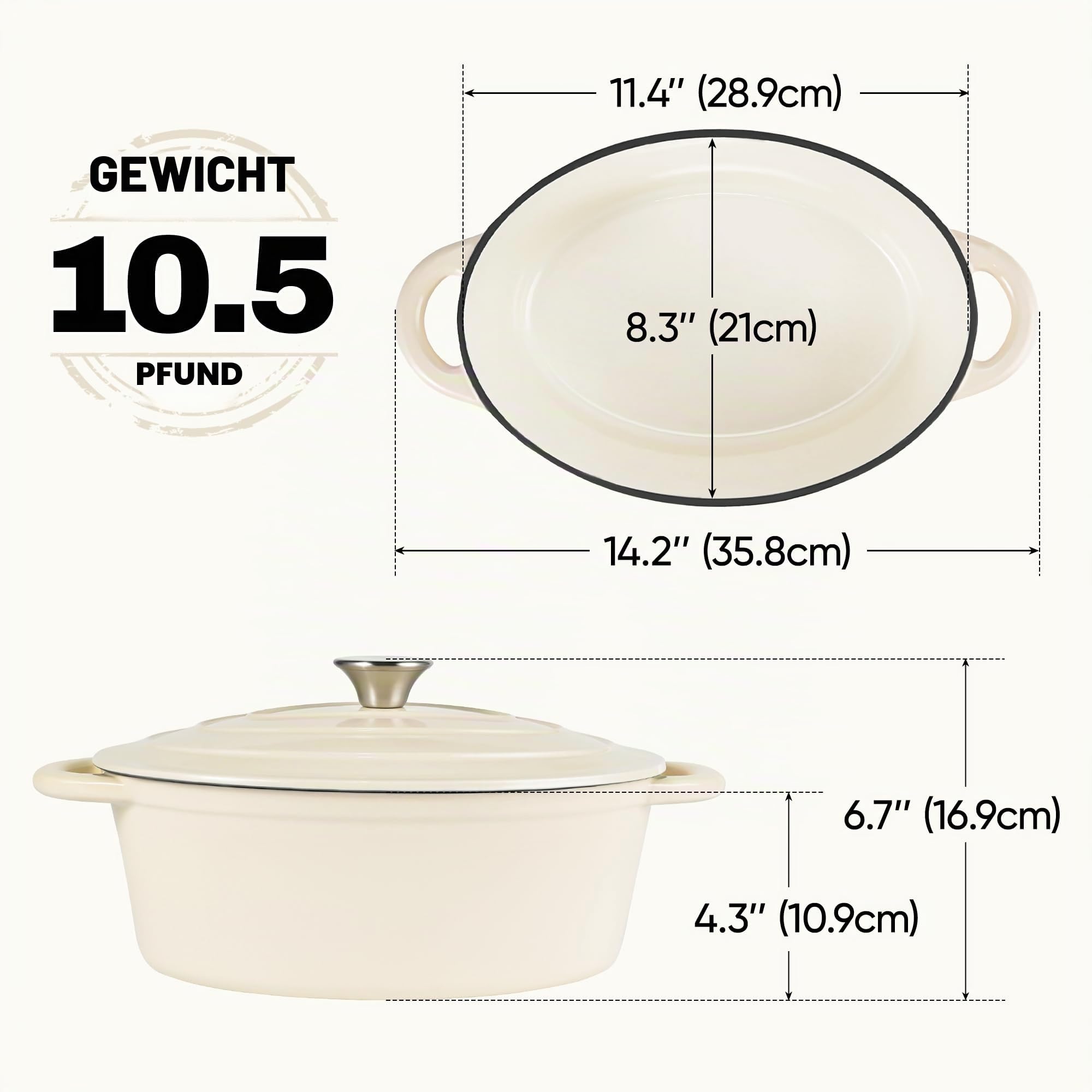 Ovaler Dutch Oven zum Brotbacken, 4,5 Quart Antihaft-Emaillierter Gusseisen-Dutch Oven Topf mit Deckel, ofenfest, ovale Kasserolle mit Deckel bis 260 °C zum Backen, Schmoren, Eintöpfe, Braten (Beige)