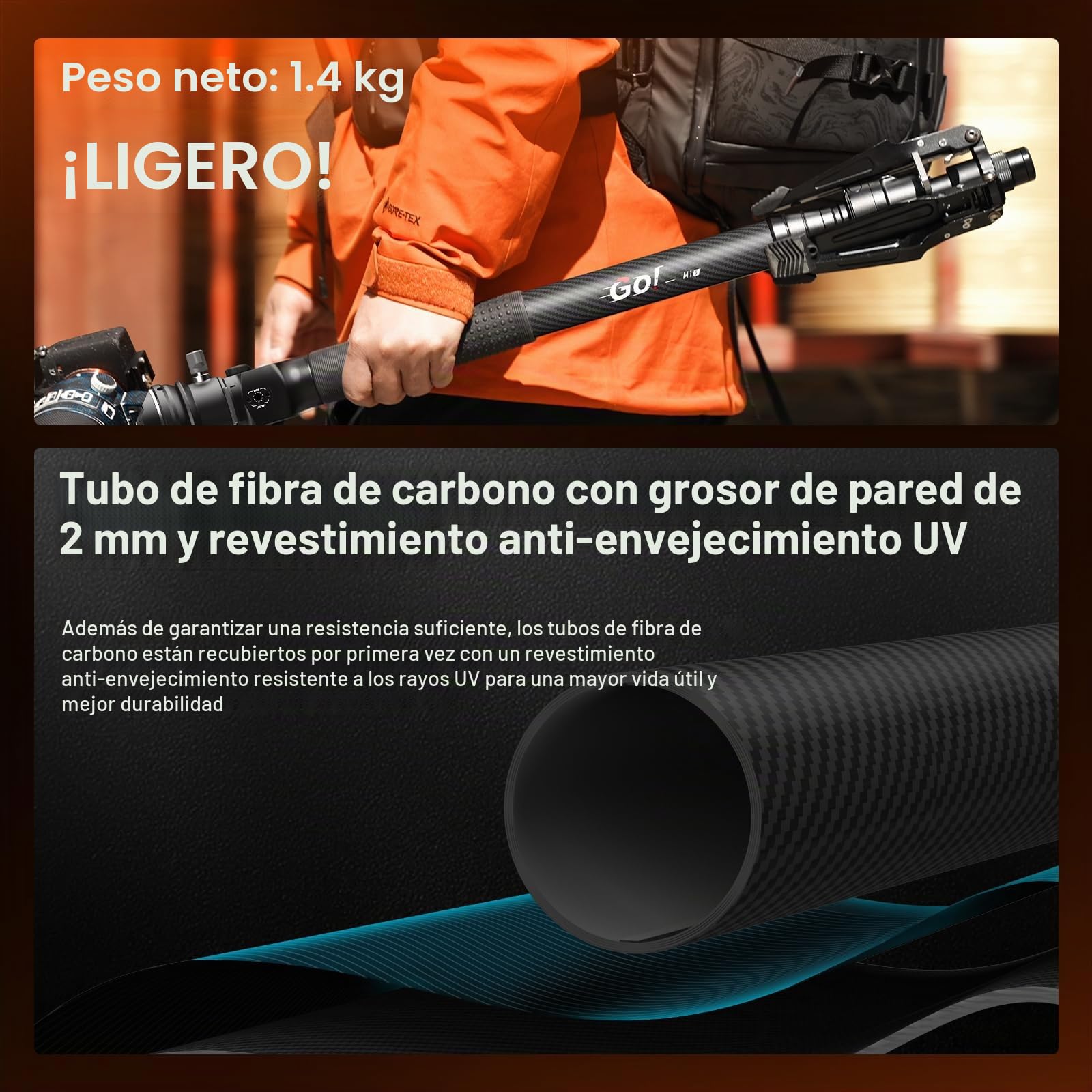 Monopié para cámara, monopié Extensible de Fibra de Carbono con Patas, monopié de Viaje de 65 Pulgadas con rótula esférica de 360°, Sistema de liberación rápida Arca, Carga máxima de 10 kg.