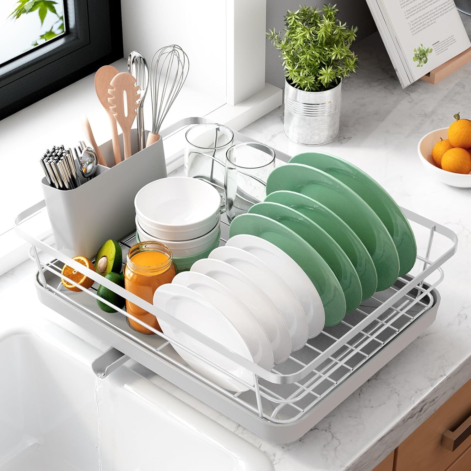 Kitsure Dish Drying Rack for Kitchen Counter, Stainless Steel Sink Organization and Storage Essentials with Cutlery Holder, Home and Appartment Decor, 12''W x 15.5''L, Silver Grey 12''W x 15.5''L Silver Grey