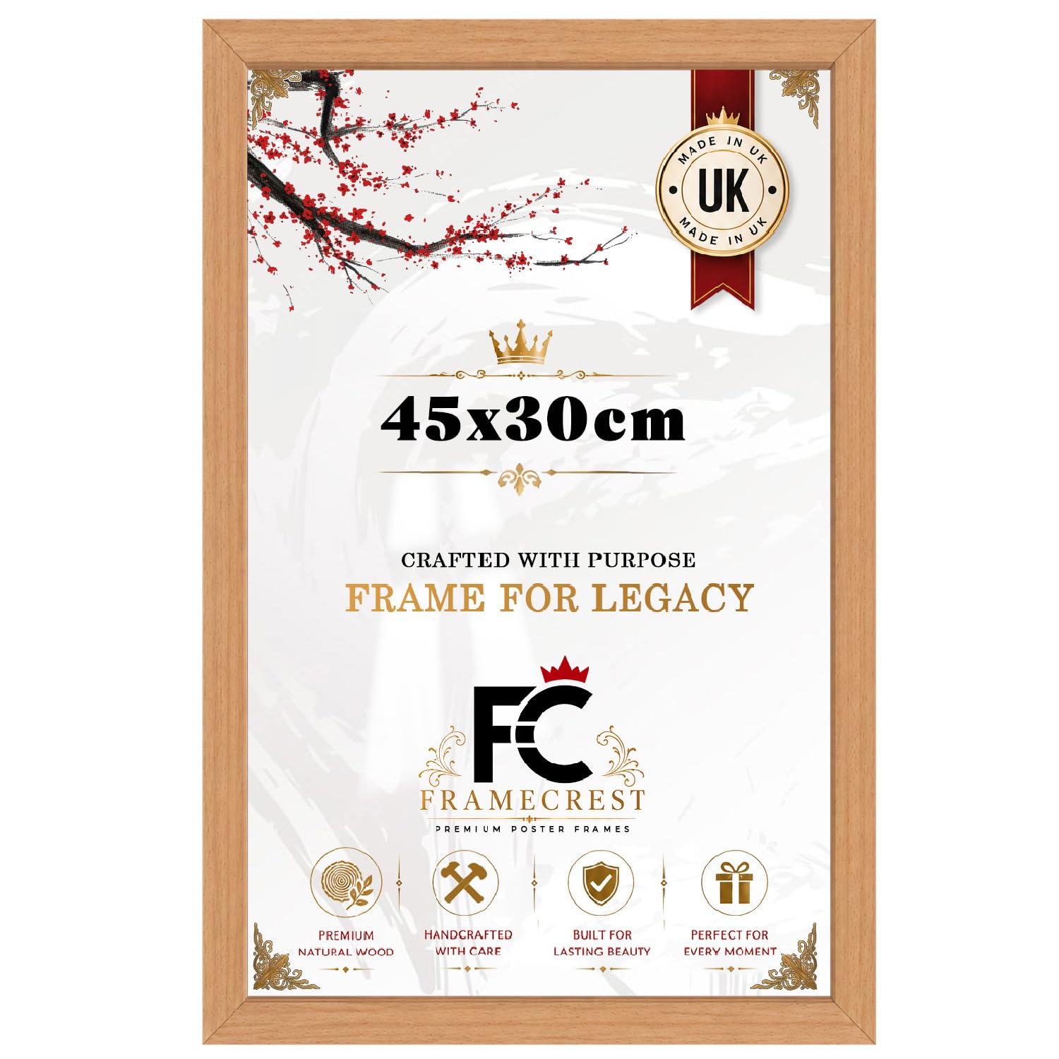 FRAMECREST Signature Collection 45x30cm MDF Poster Frame | Crystal Clear HD Styrene | Elegant Rectangle Design | Home & Office Display - [Beech]