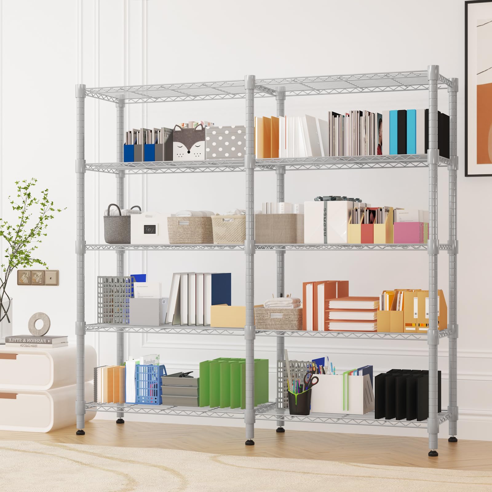 Himimi Estantería metálica de 5 niveles para almacenamiento, Unidad de estanterías de alambre ajustables, Estantes resistentes con pies niveladores, Estantería de almacenamiento 152*35*183cm, Plateado