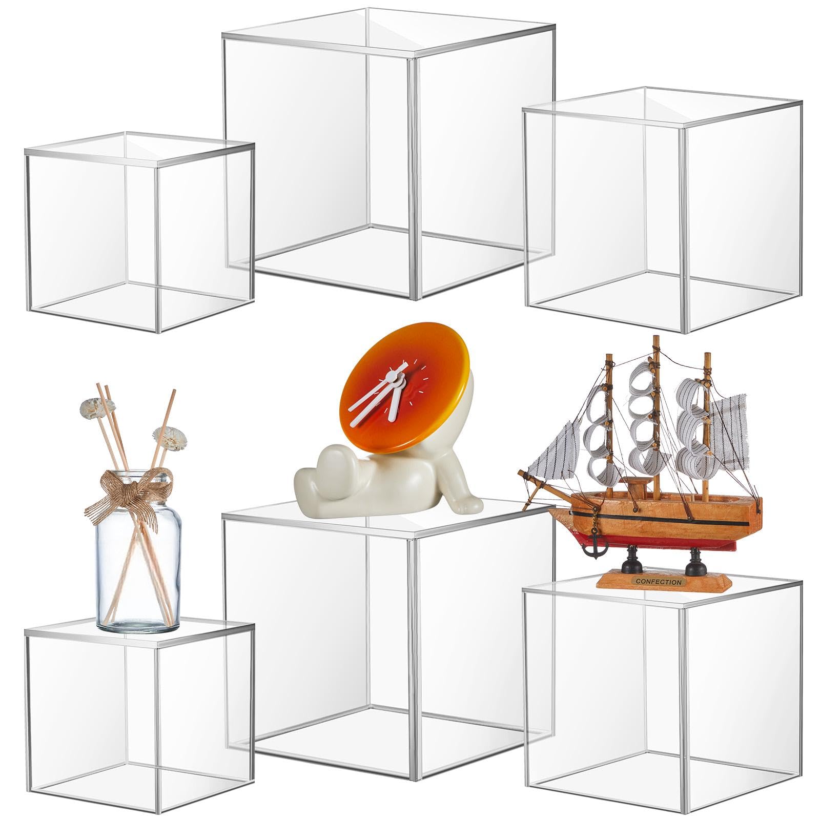 Kigley 6-Piece Acrylic Display Box Set - 4", 5", 6" Square Clear Cubes - 5-Sided Nesting Risers For Jewelry, Food, Collectibles