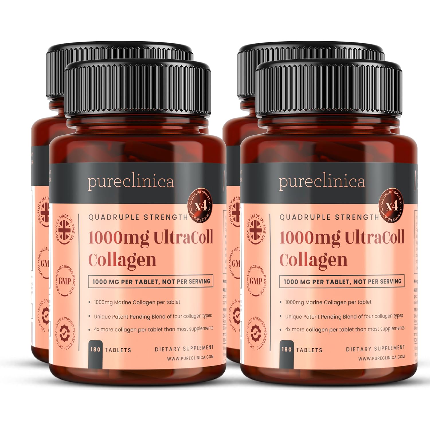 Collagene marino UltraColl 1000mg x 720 compresse (4 bottiglie da 180 compresse - 1-2 anni di fornitura). L'unico collagene anti-invecchiamento brevettato di tipo I, II, III e VII