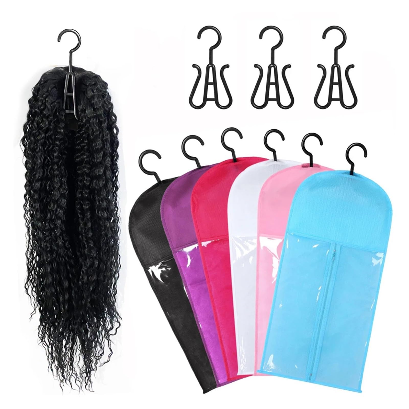 Wig Storage Bag Hair Extensions Hanger with Storage Bag Hairpieces Storage Holder Wigs Carrier Case for Store Style Hair 6 Colors(1set black)