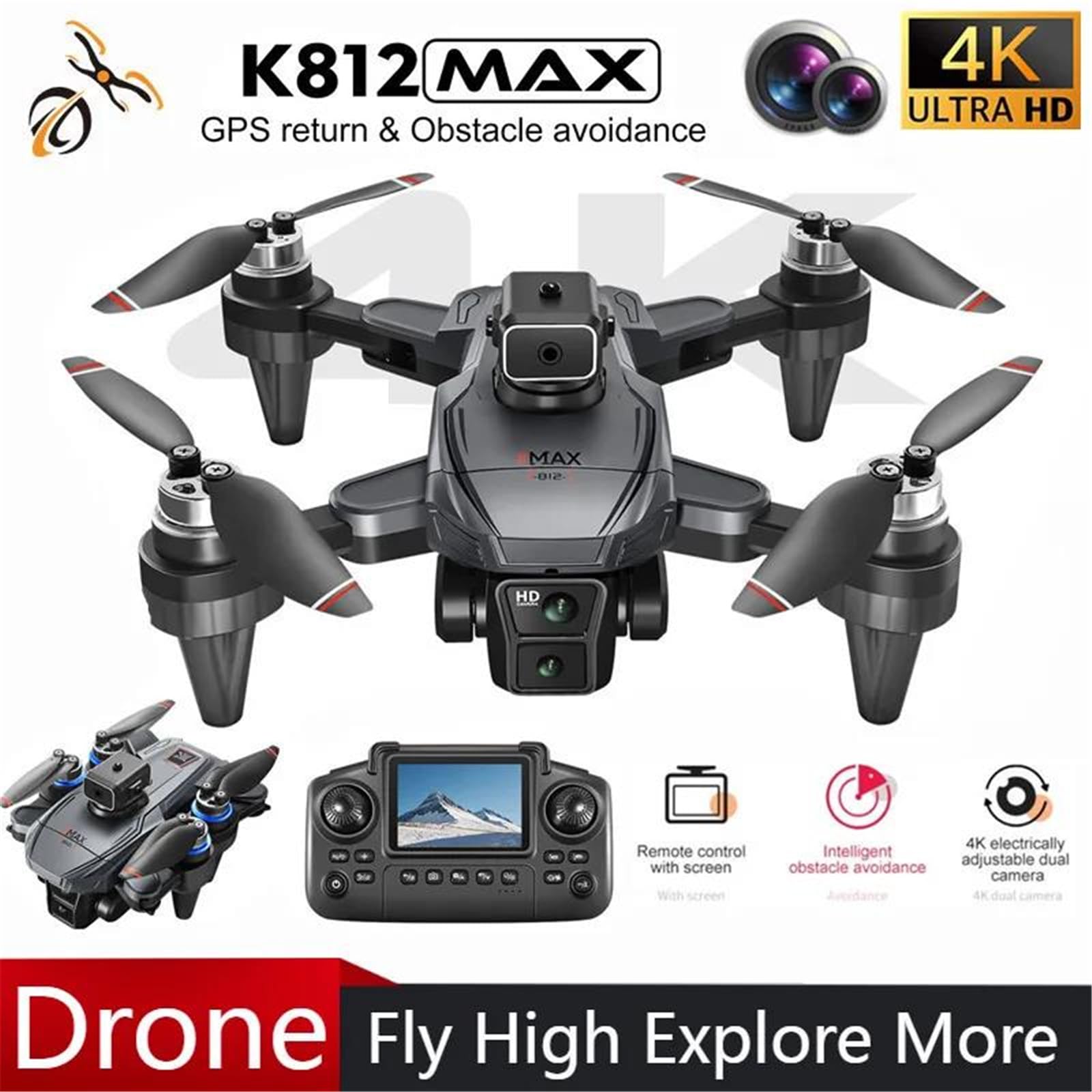 Blanc,Triple Battery,Drone Professionnel k812 Max 4k HD Double caméra GPS avec écran 5g WiFi 360° évitement d'obstacles Drone quadricoptère Pliable sans balais