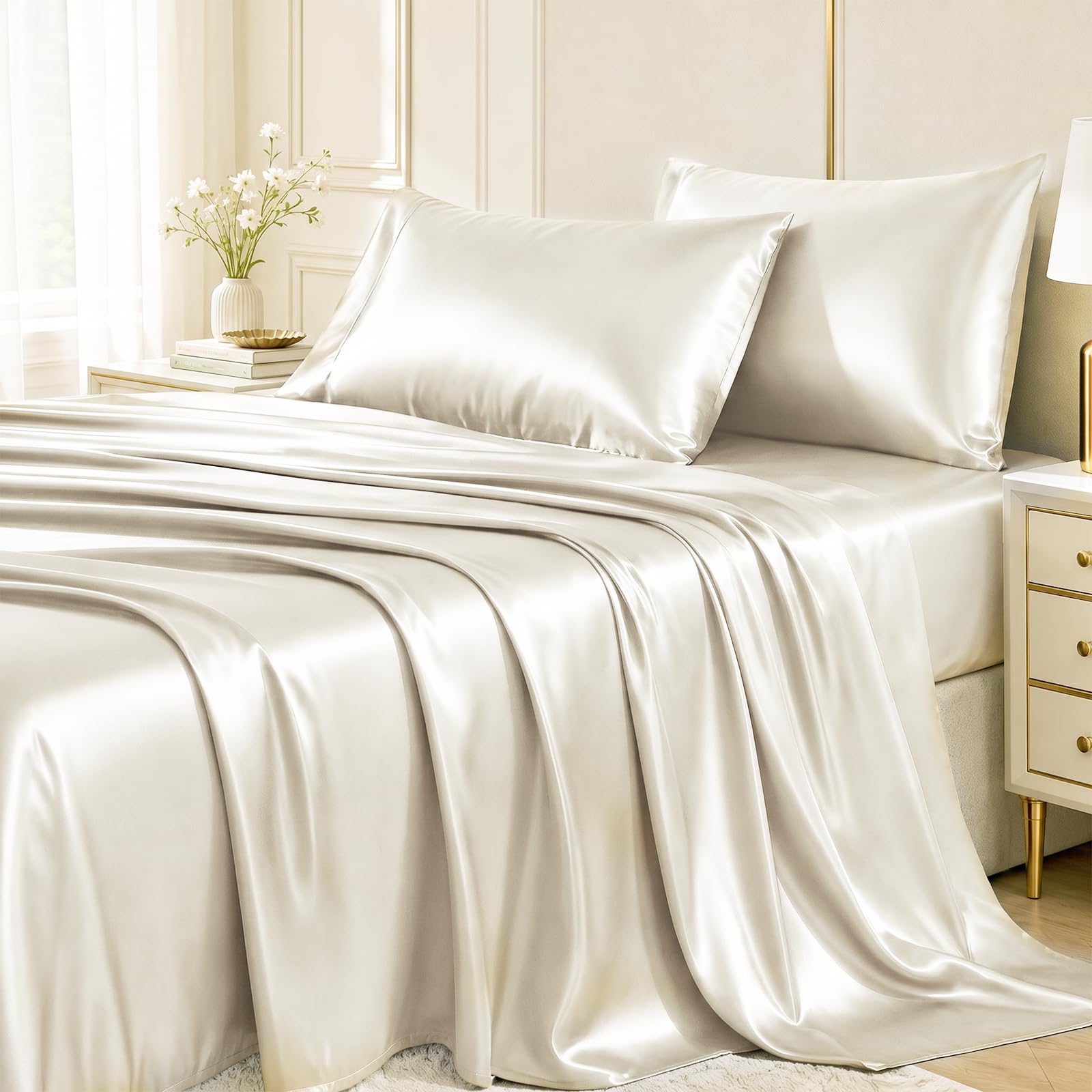 CozyLux Satin Sheets Full, 4-Piece 14-Inch Deep Pocket Sheet Set
