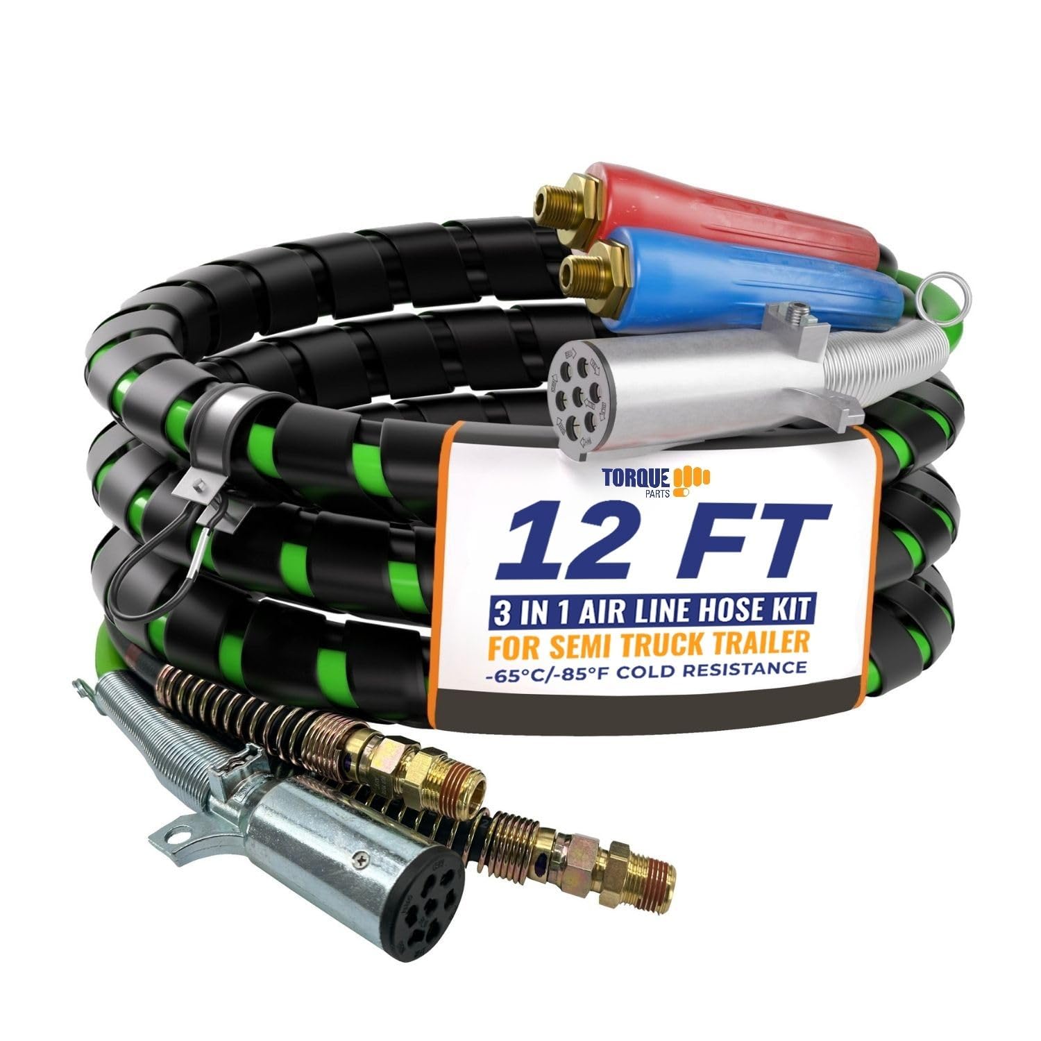 TORQUE 12ft 3 in 1 ABS & Power Air Line Hose Kit Airline Air Hose Wrap 7 Way Electrical Cable Air Lines with Handle Grip Airlines for Semi Truck Trailer Tractor (TR813212)