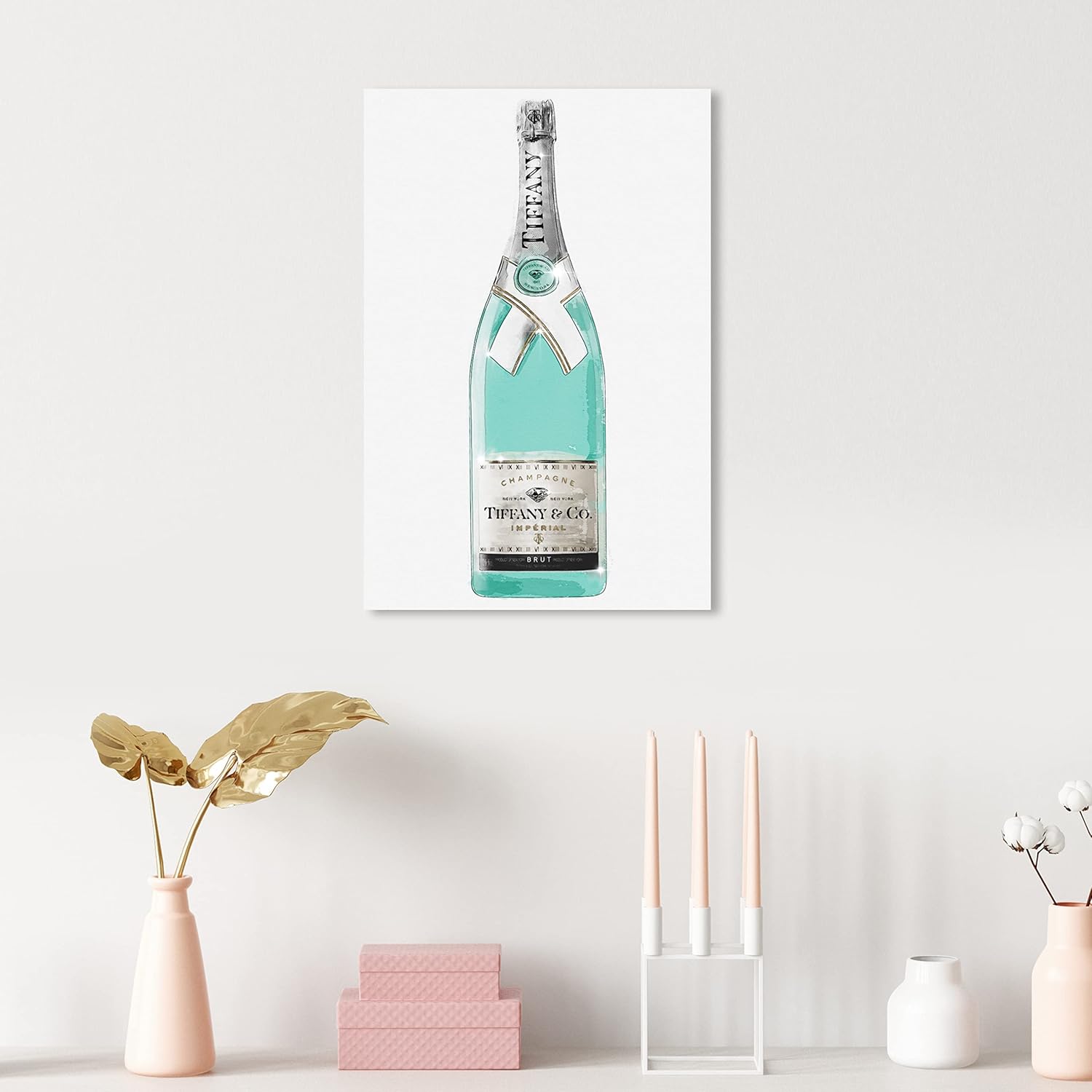 The Oliver Gal Artist Co. Drinks and Spirits Contemporary Canvas Art - Priceless Champagne, Wall Art for Living Room, Bedroom, and Bathroom, 10 in x 15, Blue and White Home Decor