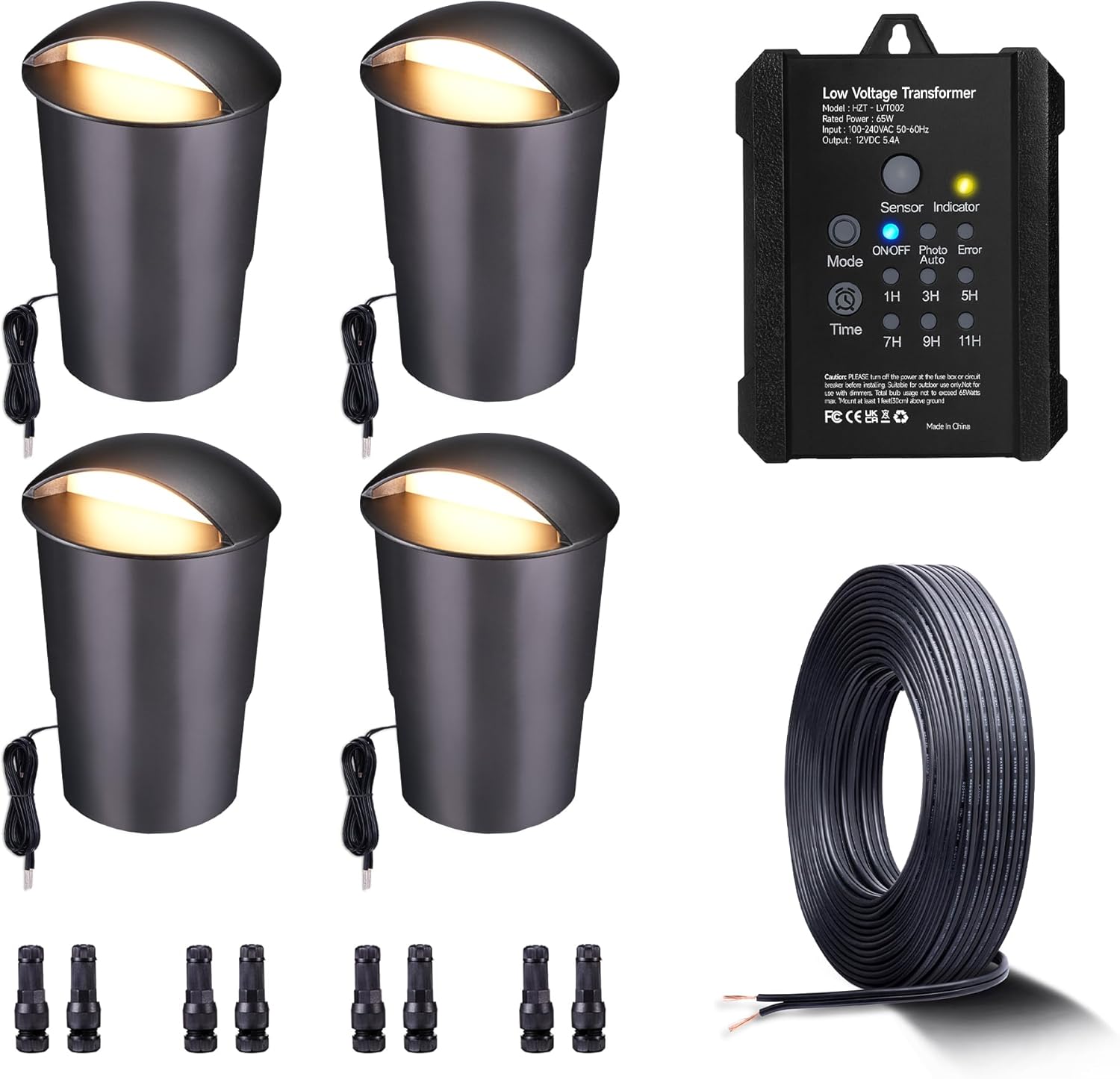 In Ground Well Lights Bundle: 4 Pack 3W 5 CCT (2700K to 5000K) LED Fixtures, 65W Transformer with Photocell and Timer, 65ft 16/2 Cable and 8 Fastlock Connectors, 12V IP67 Aluminum
