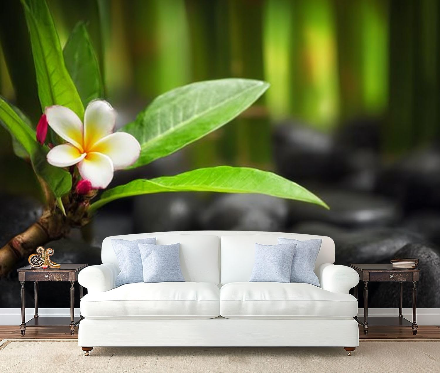 Wall Mural Peel and Stick Zen Basalt Stones Frangipani Bamboo Large Wallpaper Self Adhesive Contact Paper Removable 3D Wall Sticker for Living Room Bedroom 69"x96"