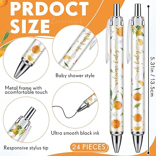 Miniatura 2 de Chuangdi 24 bolígrafos naranja para baby shower, bolígrafos retráctiles a granel, tinta negra con regalos para invitados, suministros escolares