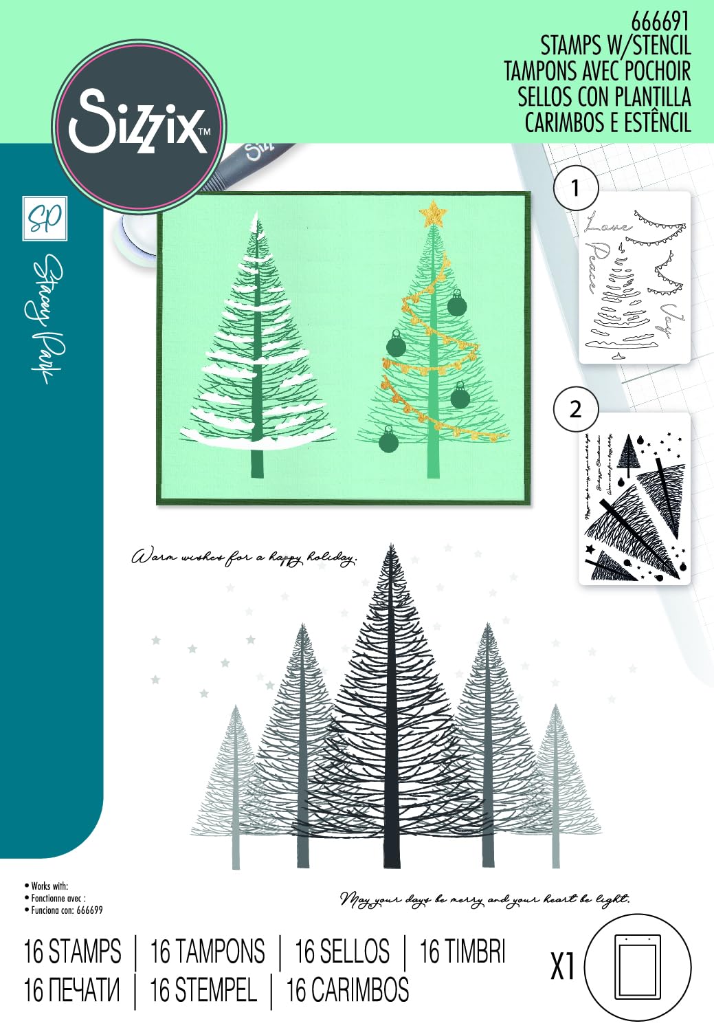 Sizzix A5 Clear Stamps w/Stencil Cosmopolitan Christmas, Merry and Light by Stacey Park, Multicolor, One Size - Image 3