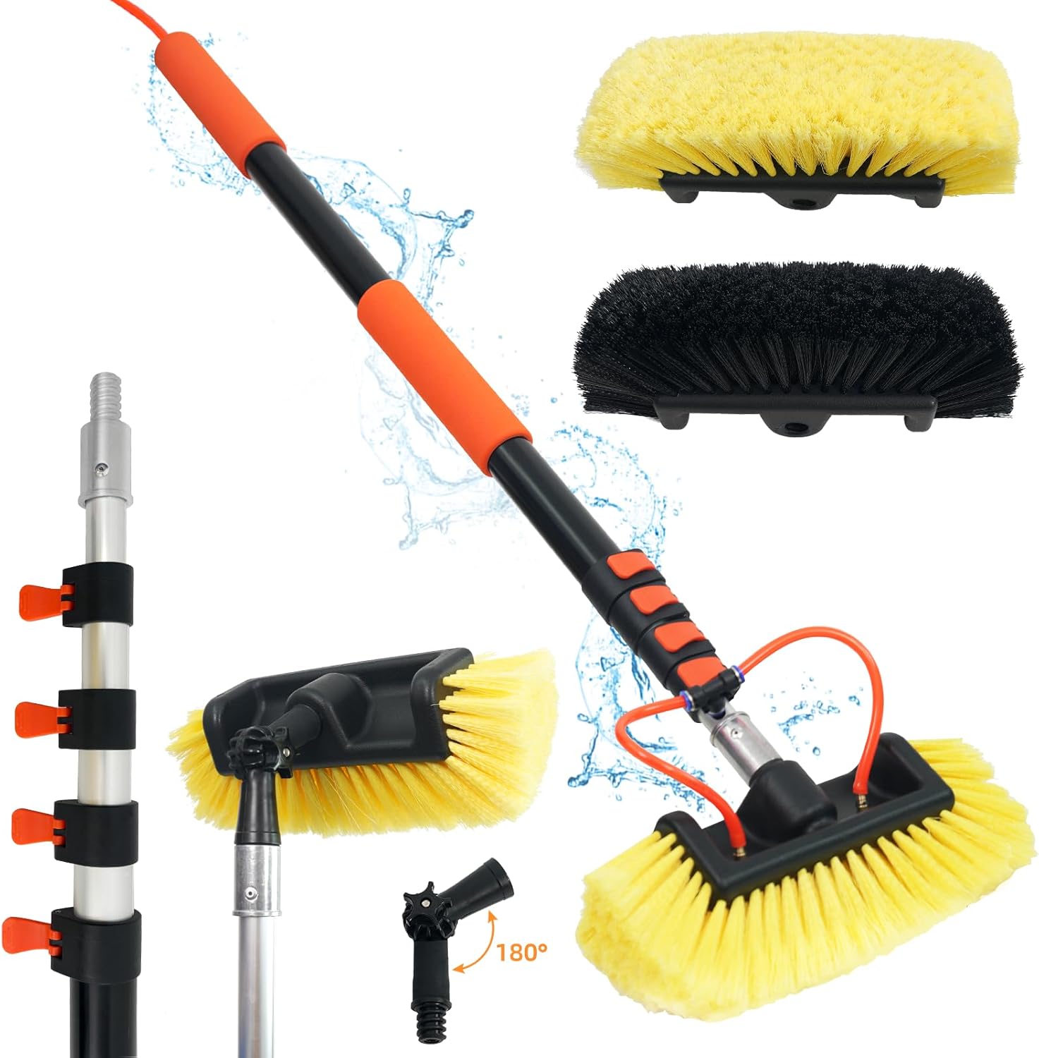 20FT Car Wash Brush with Long Handle Hose Attachment Telescopic Pole with Angle Adapter 12" Soft and Hard Bristle Cleaning Brush for Car Truck RV House Floor Window Roof Pool Solar Panels
