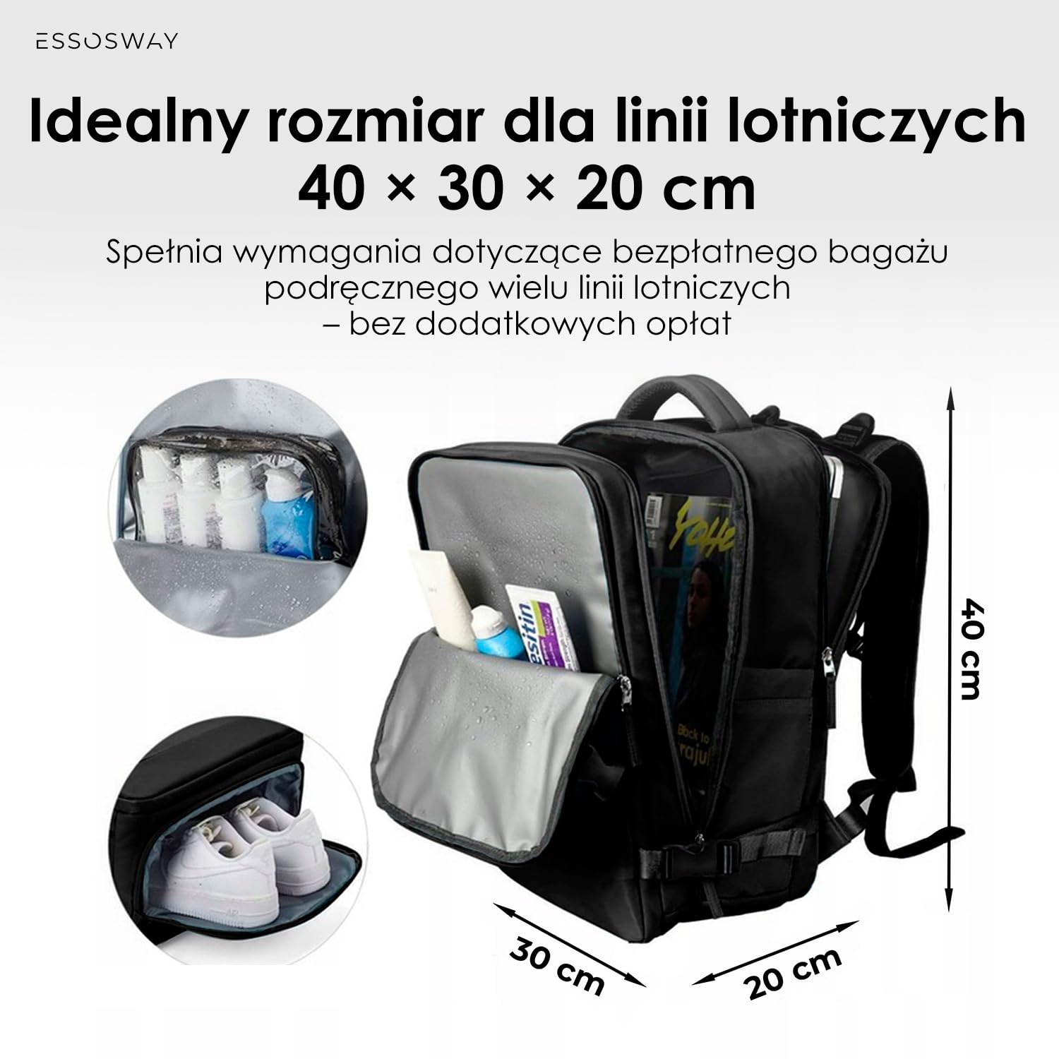 Plecak Podróżny do Samolotu - Bagaż Podręczny 40x30x20 cm dla WizzAir - Torba Kabinowa na Laptopa