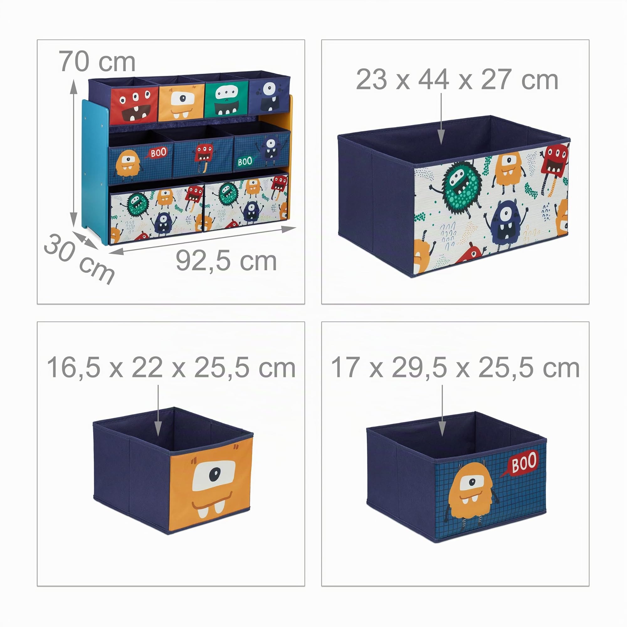 Relaxdays Estantería Infantil con 9 Cajas de Tela, Diseño de Monstruos, 70x92,5x30cm, Cajonera para Juguetes, Multicolor