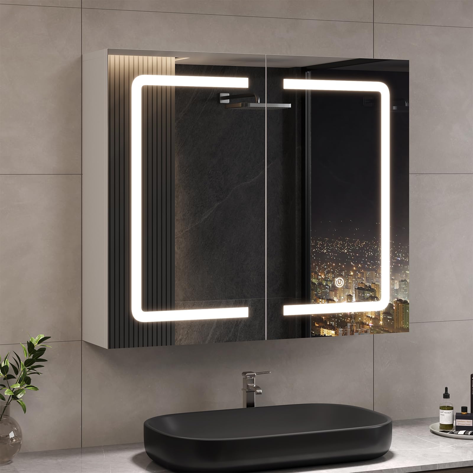 DICTAC - Armario de baño con espejo y LED, iluminación 70 x 16 x 60 cm, armario de baño con espejo y estante ajustable, color blanco