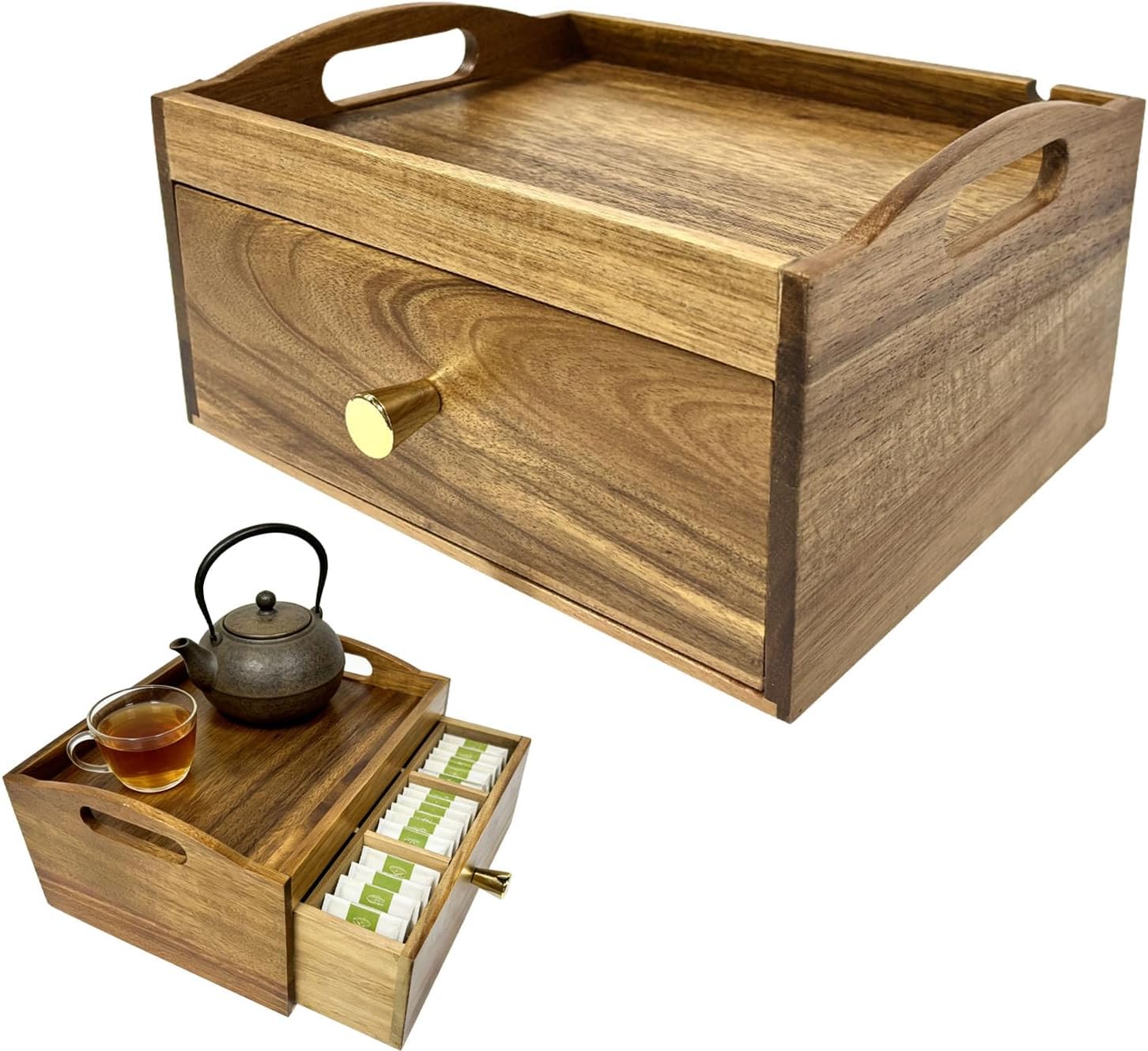 Acacia Wood Tea Bag Organizer, Wooden Storage Box with Drawer, Tea Caddy for Teabags, Teabag Holder Container Boxes for Countertop, Tea Bar Station Chest Display, Tea Accessories Gift