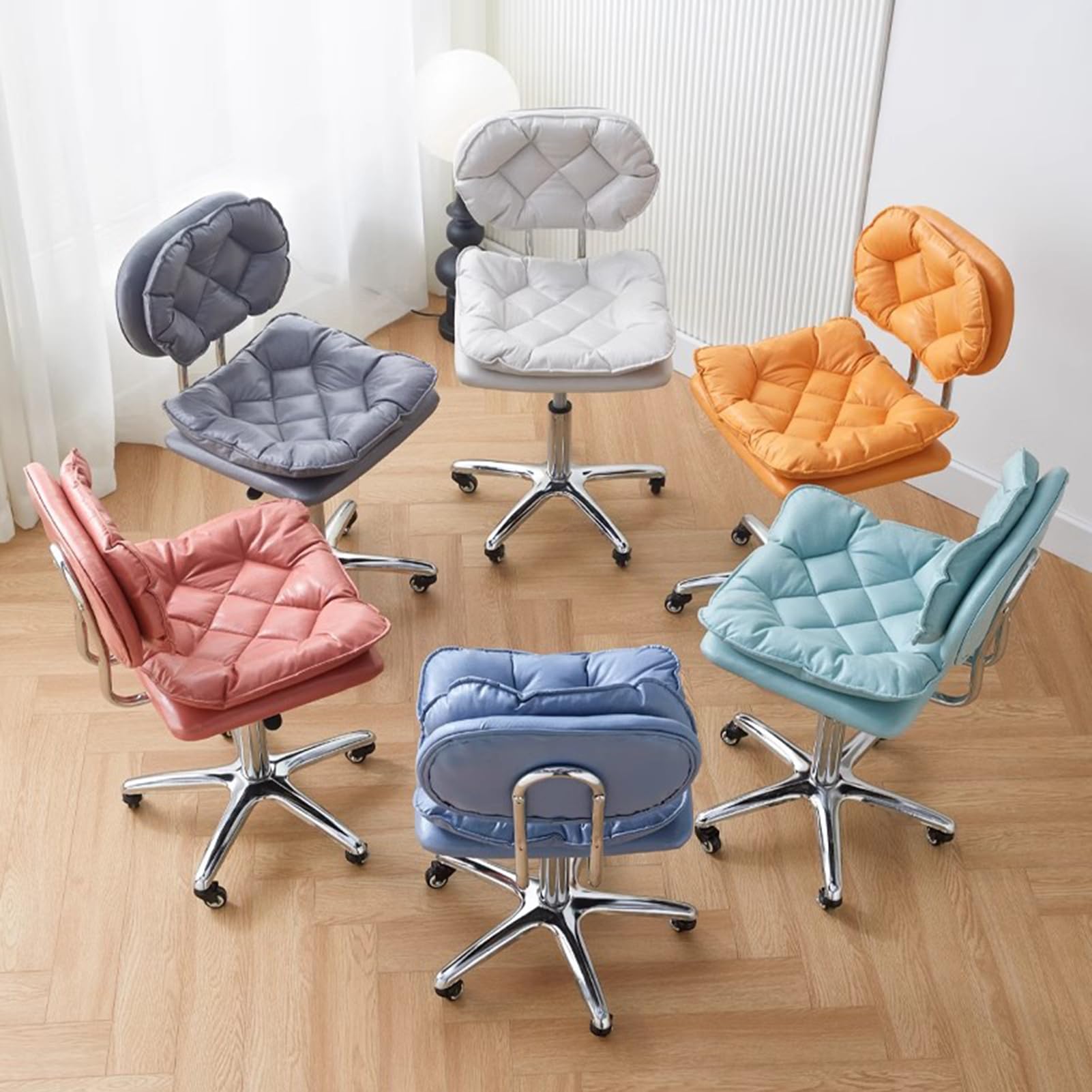 Sgabello da ufficio con ruote, sedia girevole in pelle PU, regolabile in altezza, sgabello da salone e cucina, comodo con schienale